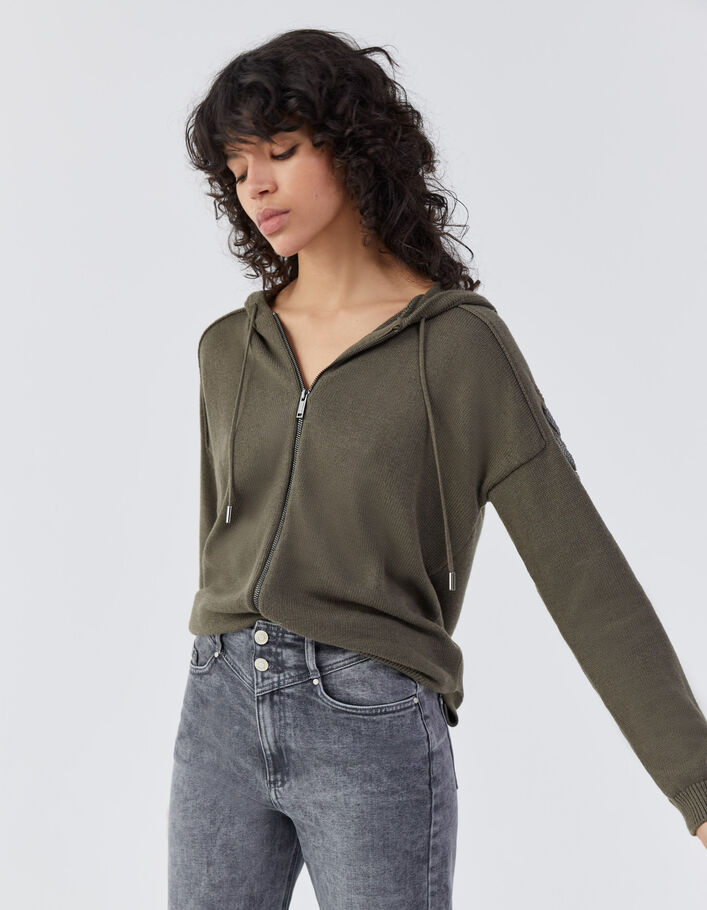 Cardigan capuche kaki chevron bijou et jeux de point femme