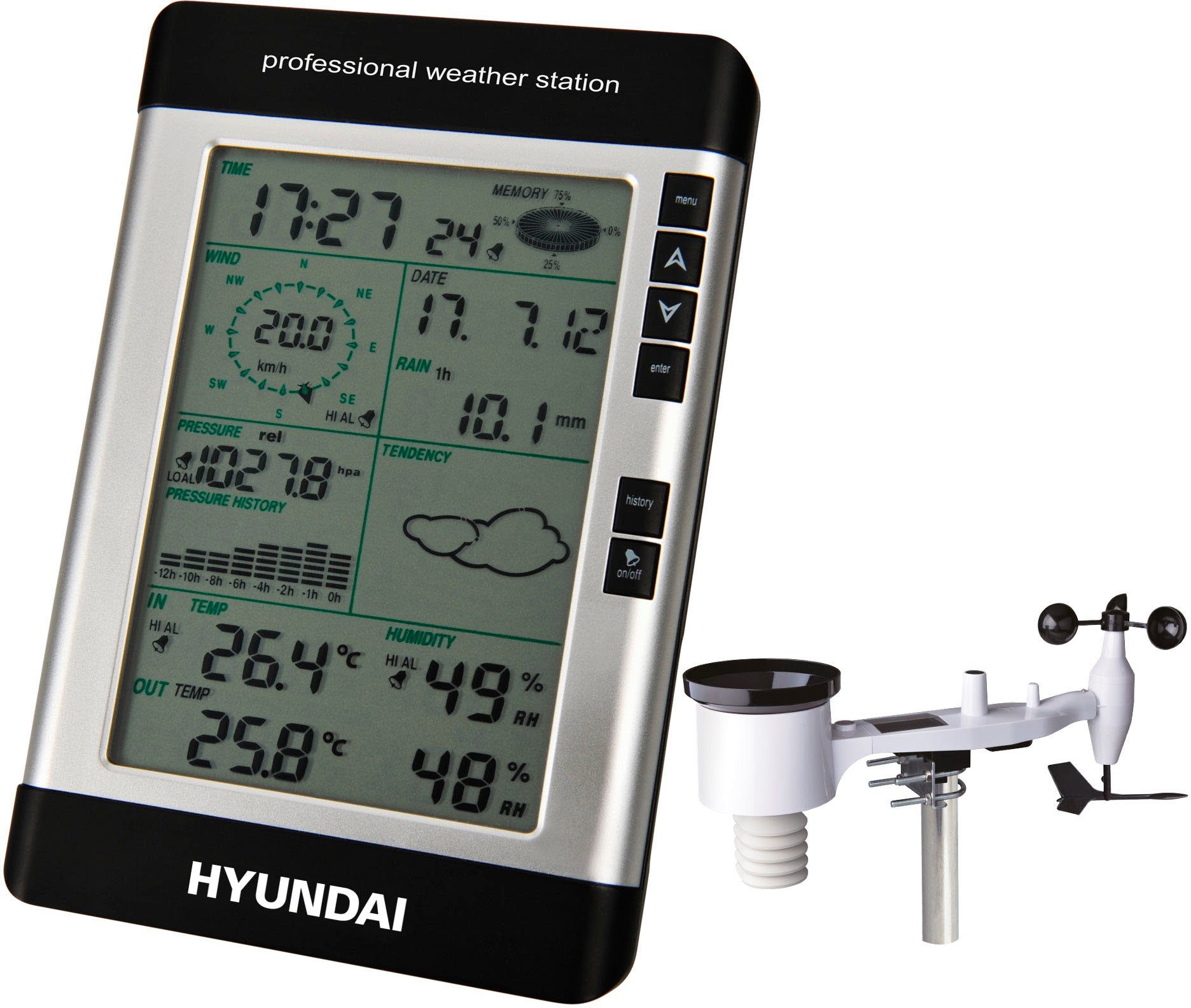 Hyundai WSP 3080 R Wind Wetterstation (mit Außensensor, Windmessung, Niederschlagsmessung, Datenübertragung an PC)