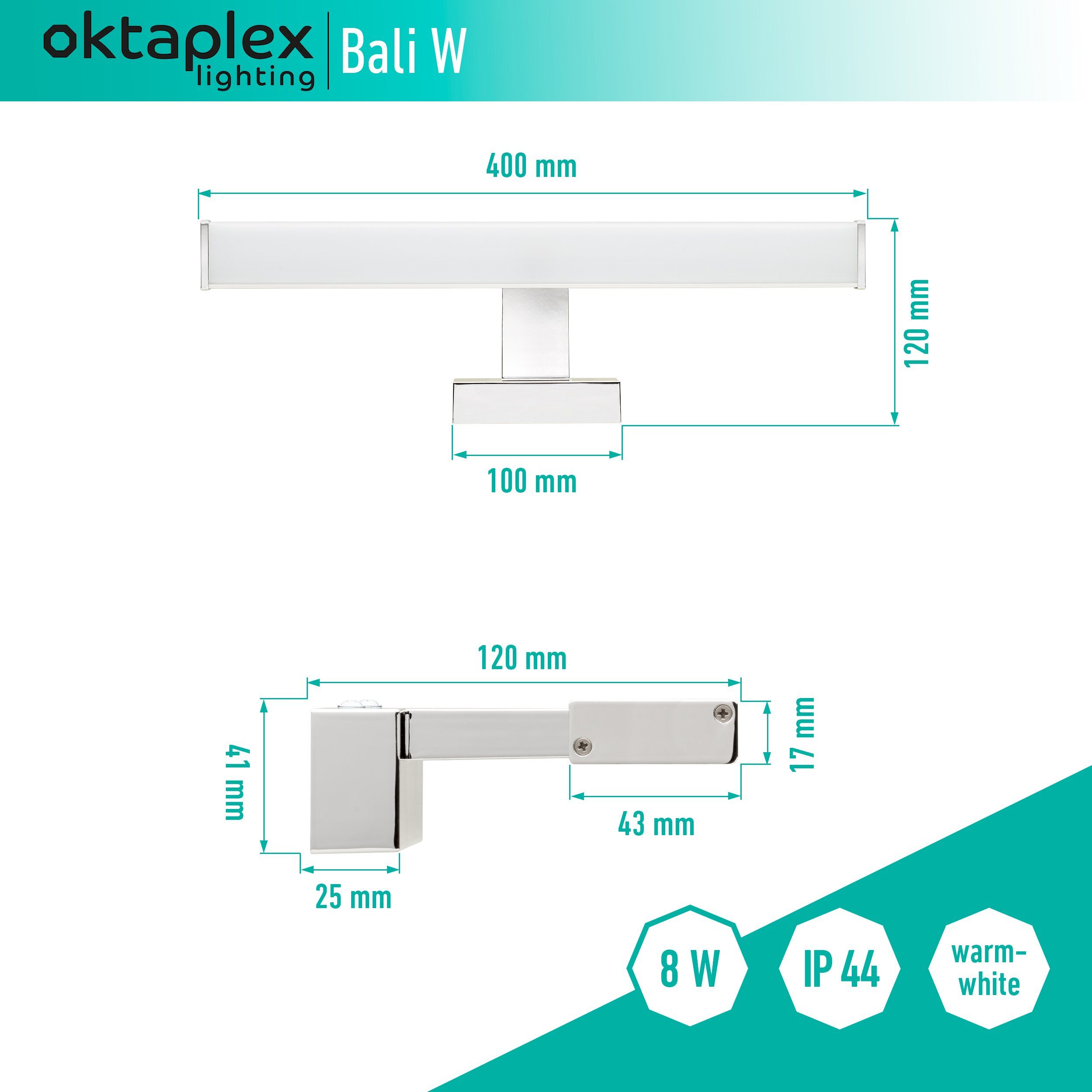 Oktaplex lighting LED Spiegelleuchte Bali 8W IP44 40cm, 640lm 8W, LED fest verbaut, warmweiß, Spiegellampe Bad / Wandlampe / LED Spiegellicht