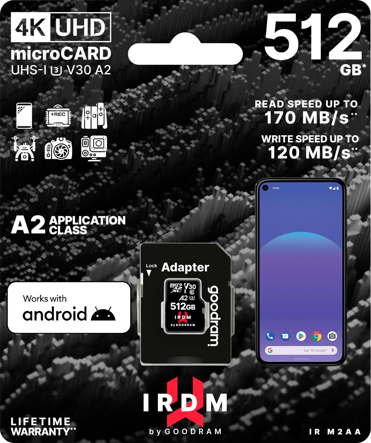 Goodram IRDM UHS-I U3 A2 microCARD Speicherkarte (512 GB, Video Speed Class 30 (V30), 170 MB/s Lesegeschwindigkeit)