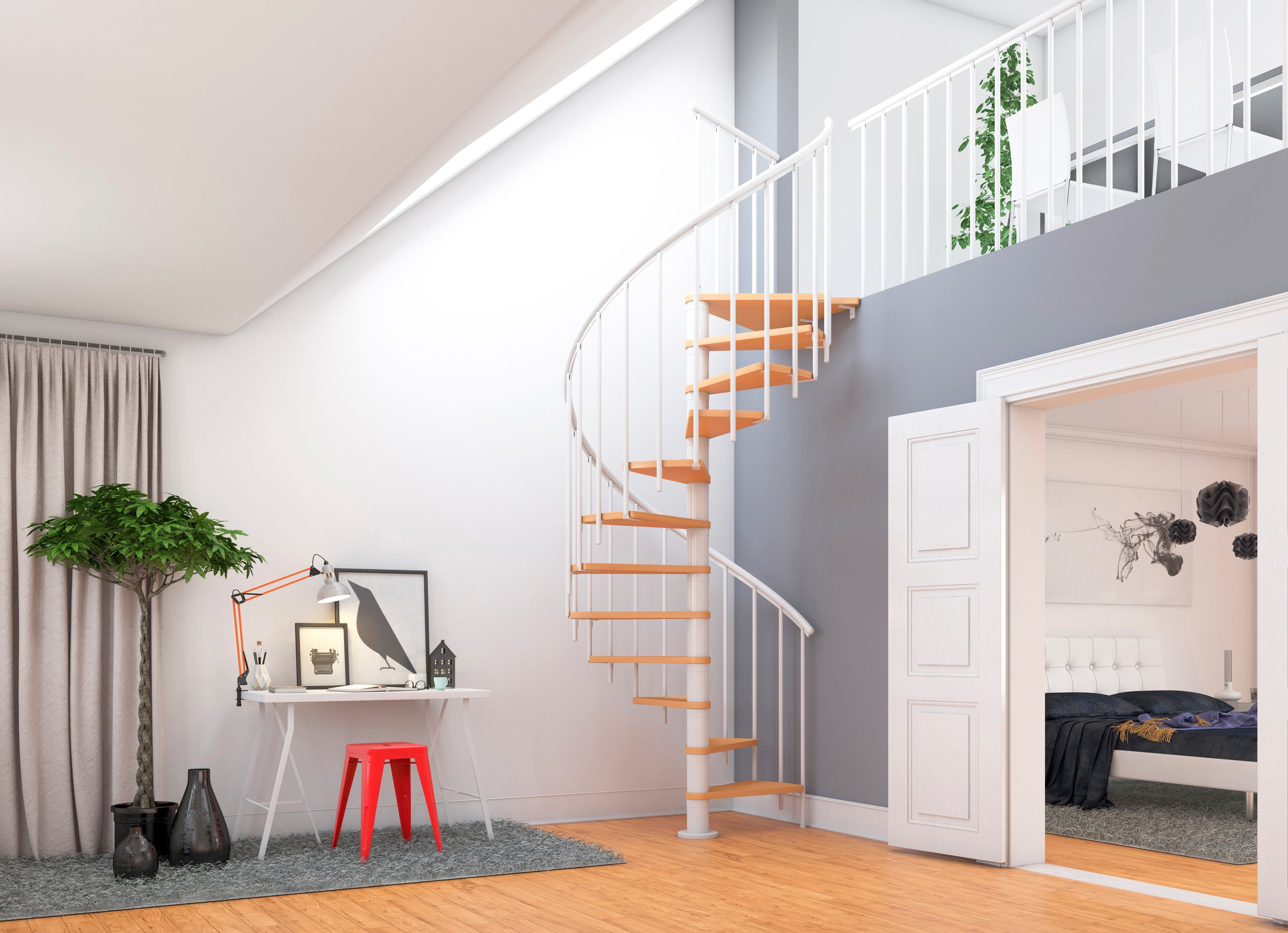 Dolle Spindeltreppe Montreal, für Geschosshöhen bis 282 cm, Stufen offen, Buche, Ø: 120 cm