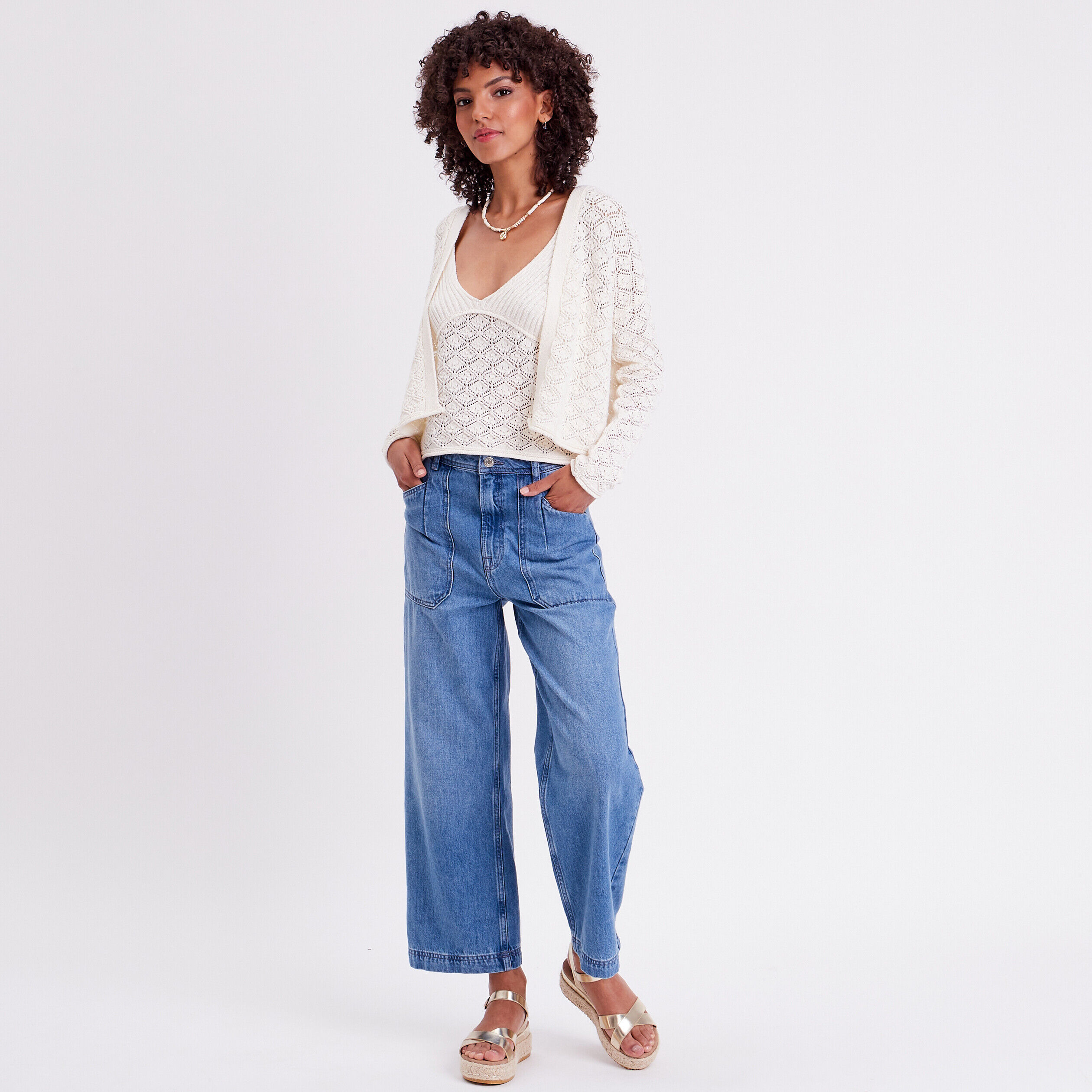 Gilet crop top ajouré ecru femme | Cache Cache