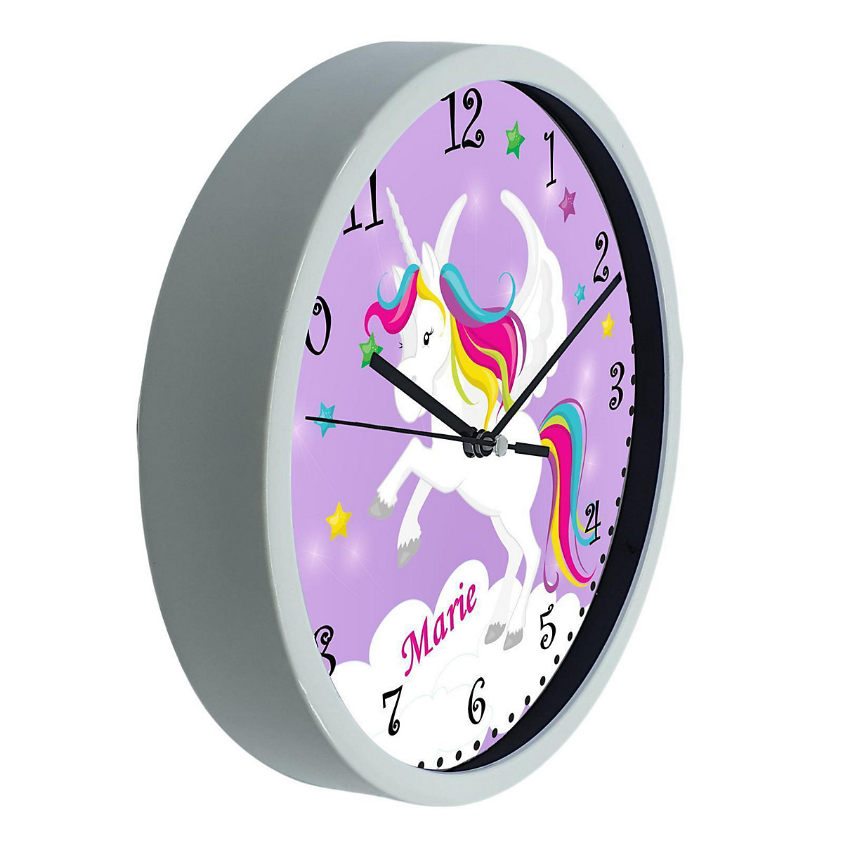 Kinder Wanduhr personalisiert mit Name Pegasus Lila