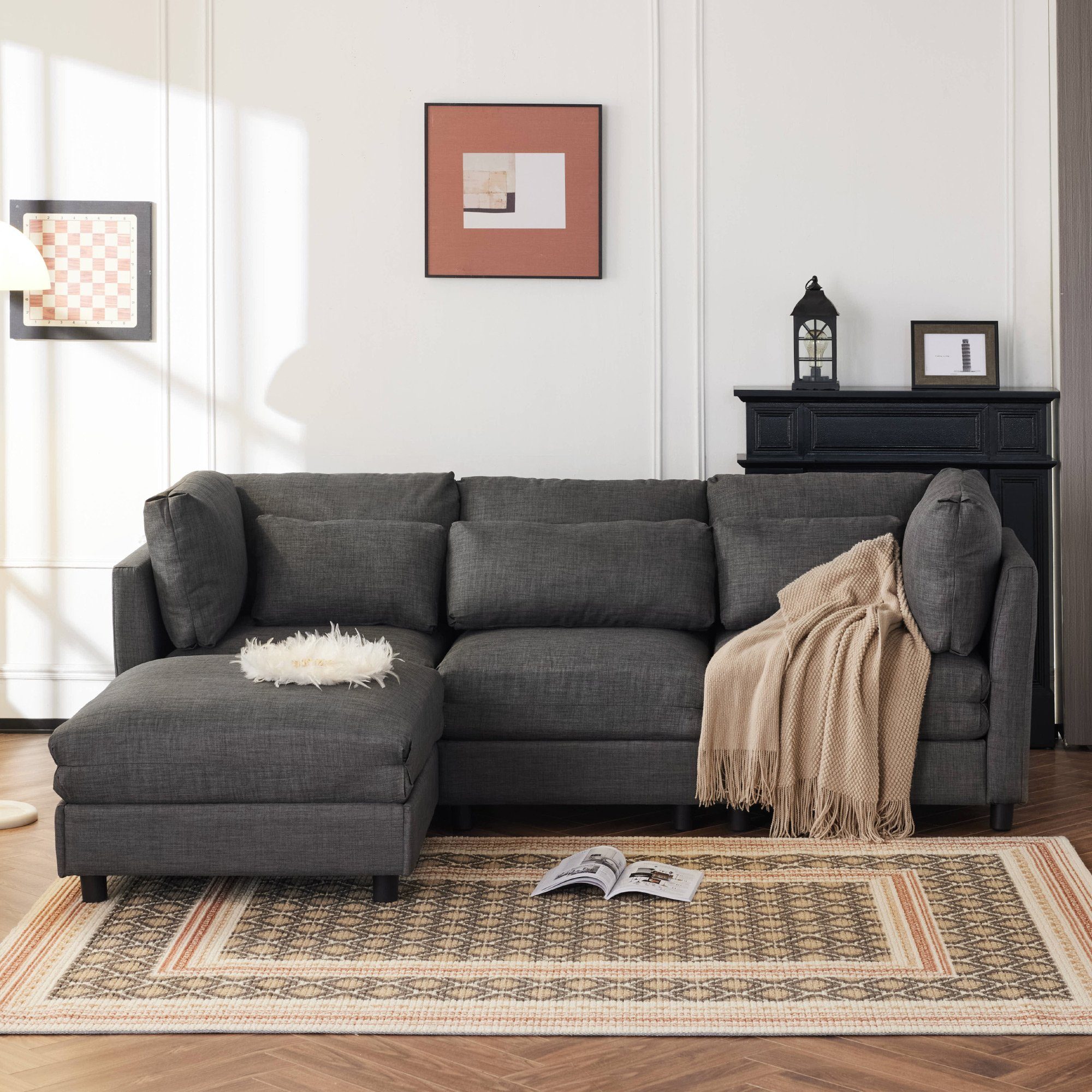 WISHDOR Sofa Ecksofa Schlafsofa mit Schlaffunktion, 3-Sitzer-Sofa, mit Chaiselongue, Ecksofa mit Fußstütze