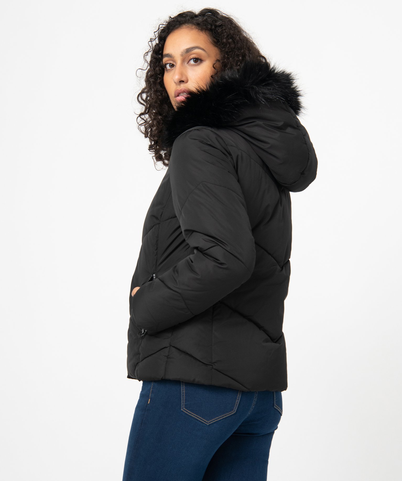 Doudoune femme à capuche en fourrure imitation noir | GEMO