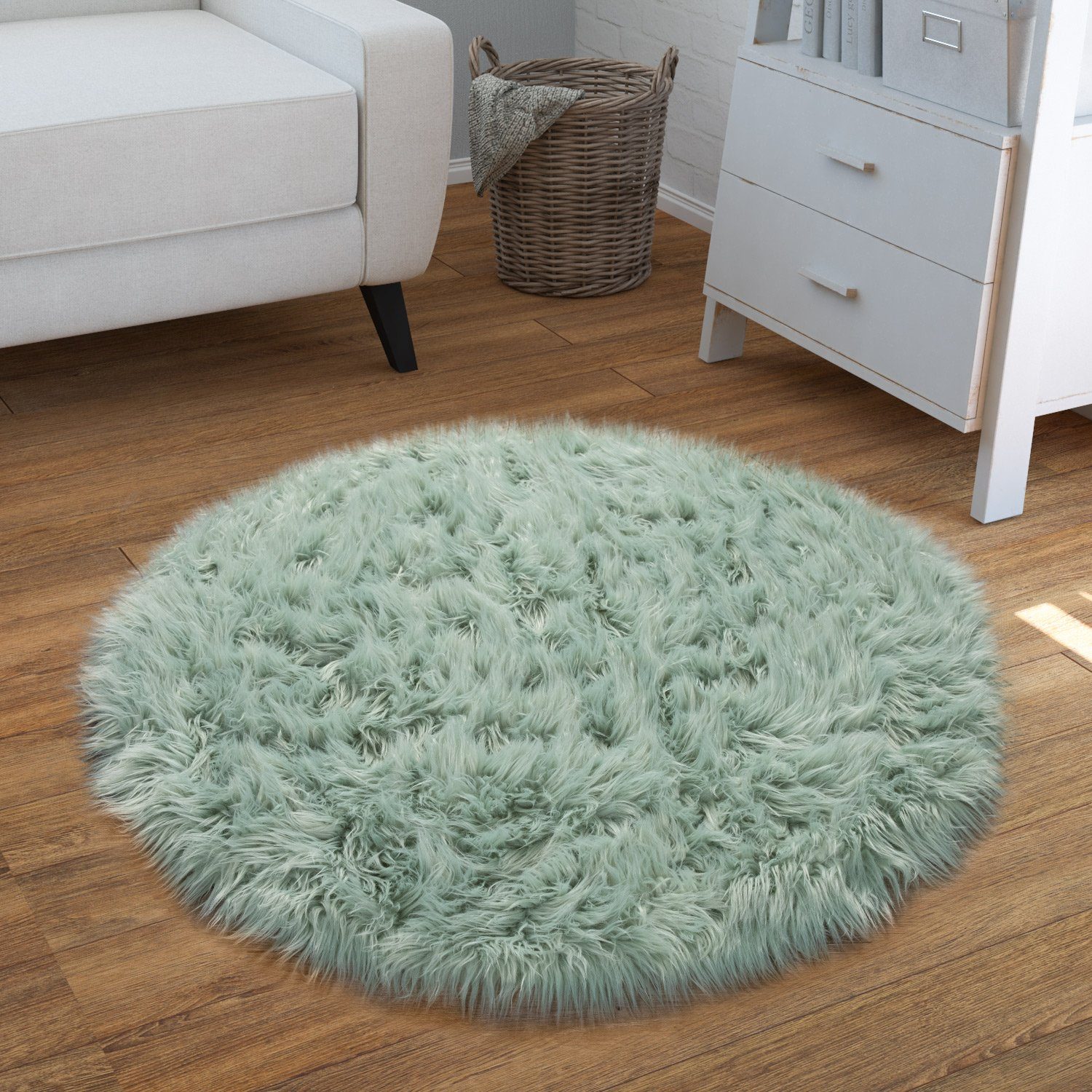 Fellteppich Wohnzimmer Hochflor Teppich Kunst-Fell Design, TT Home, rund, Höhe: 64 mm