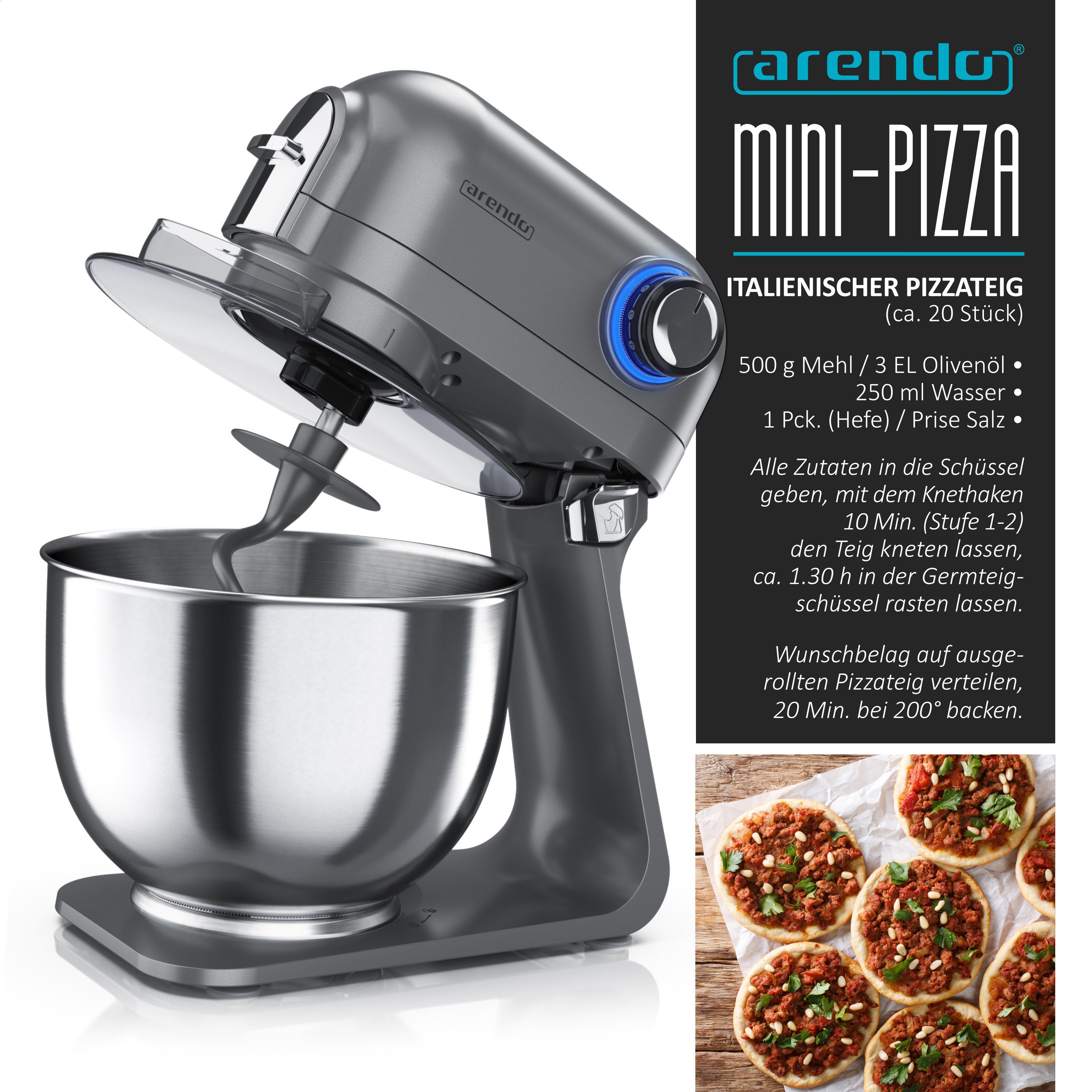 Arendo Küchenmaschine, 1200 W, Knetmaschine 5L, inkl. 3 Rührwerkzeuge, Rührmaschine mit 1200 W