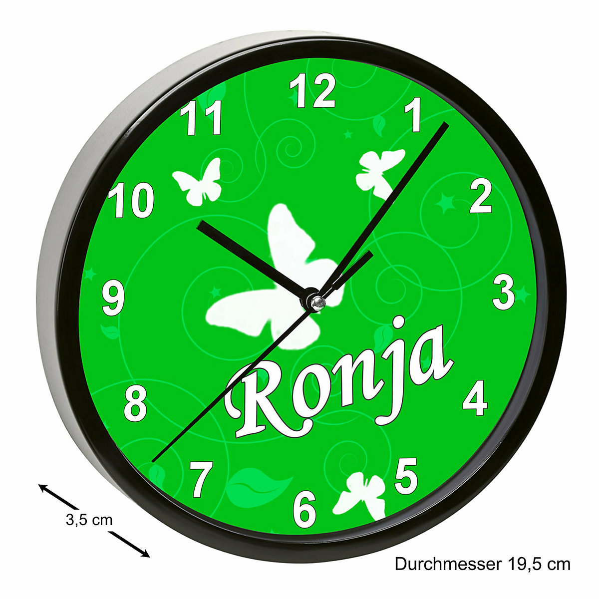Kinder Wanduhr laufruhig personalisiert mit Name Schmetterling Ornamente grün