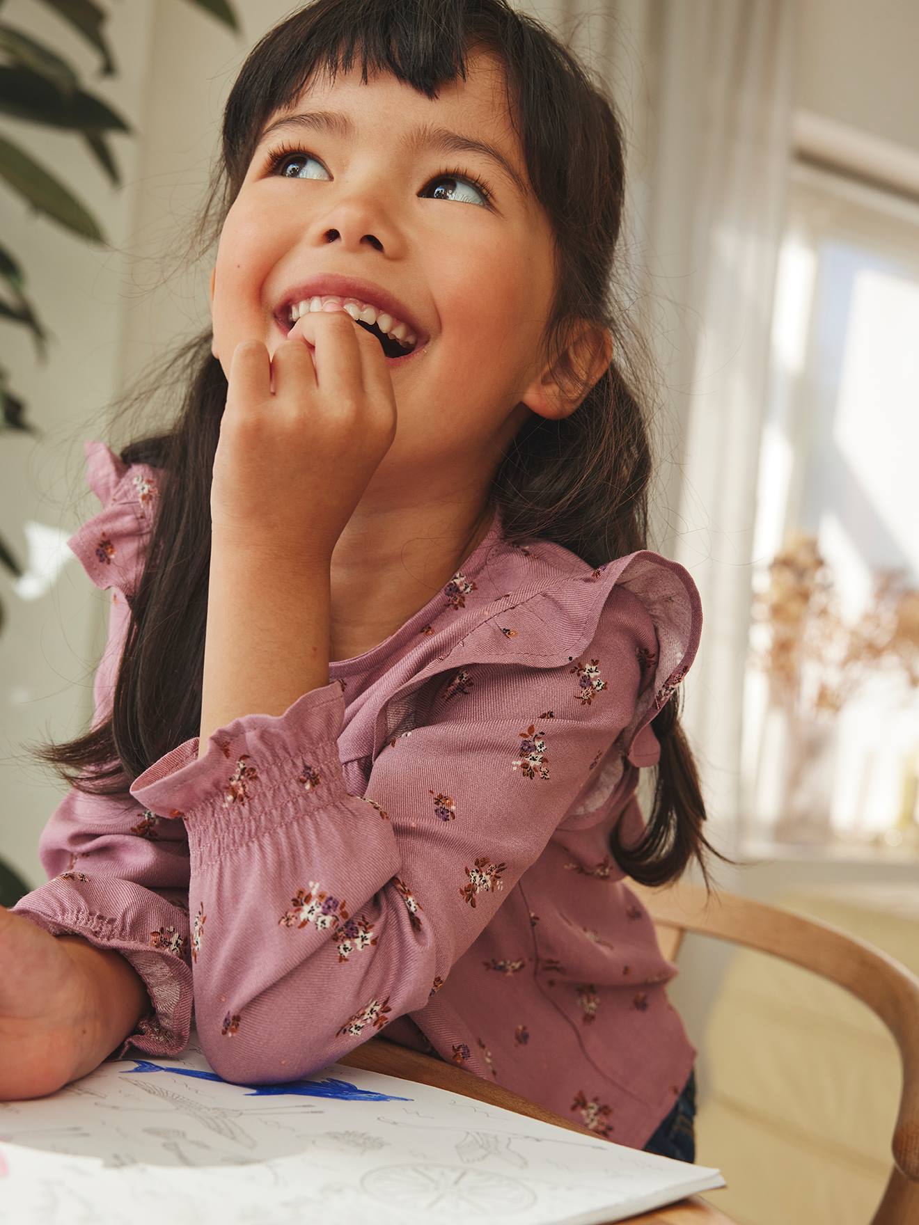 Blouse fleurie fille manches volantées bleu grisé