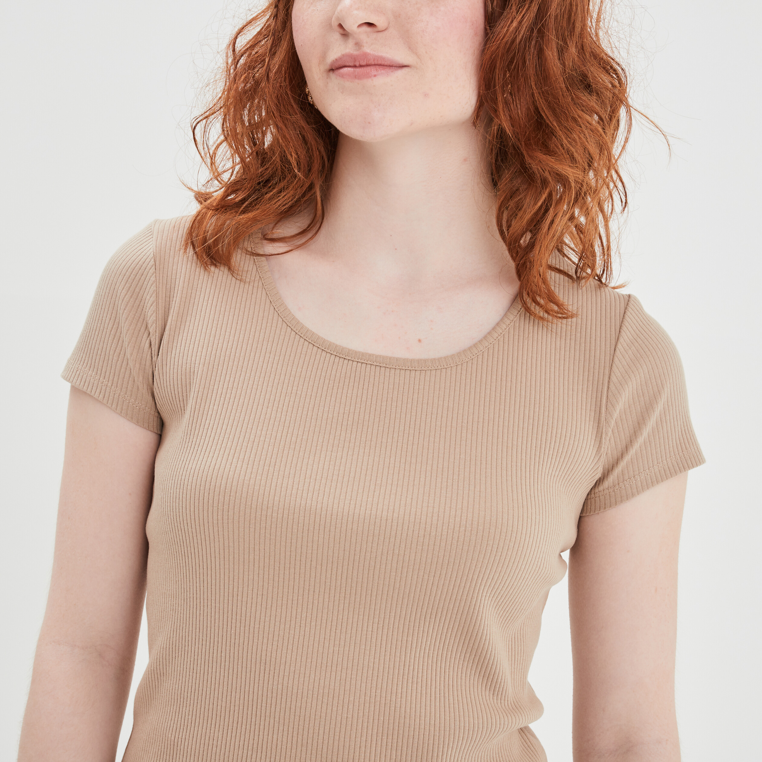 T-shirt manches courtes côtelé sable femme | La Halle