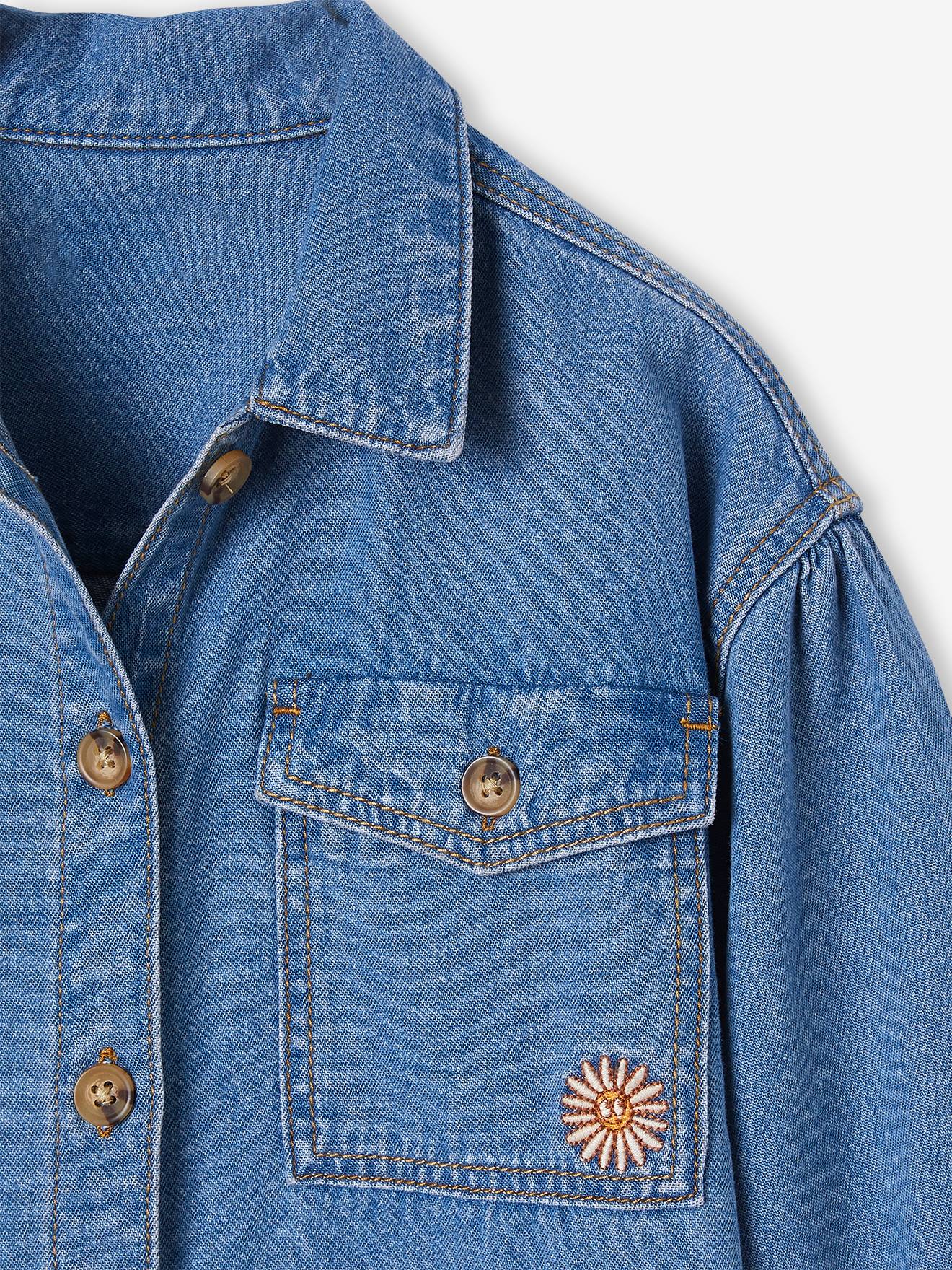 Robe chemise en denim fille animée d'une broderie fleur stone