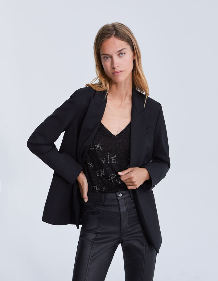 Tee-shirt noir pailleté message perles brodées Femme