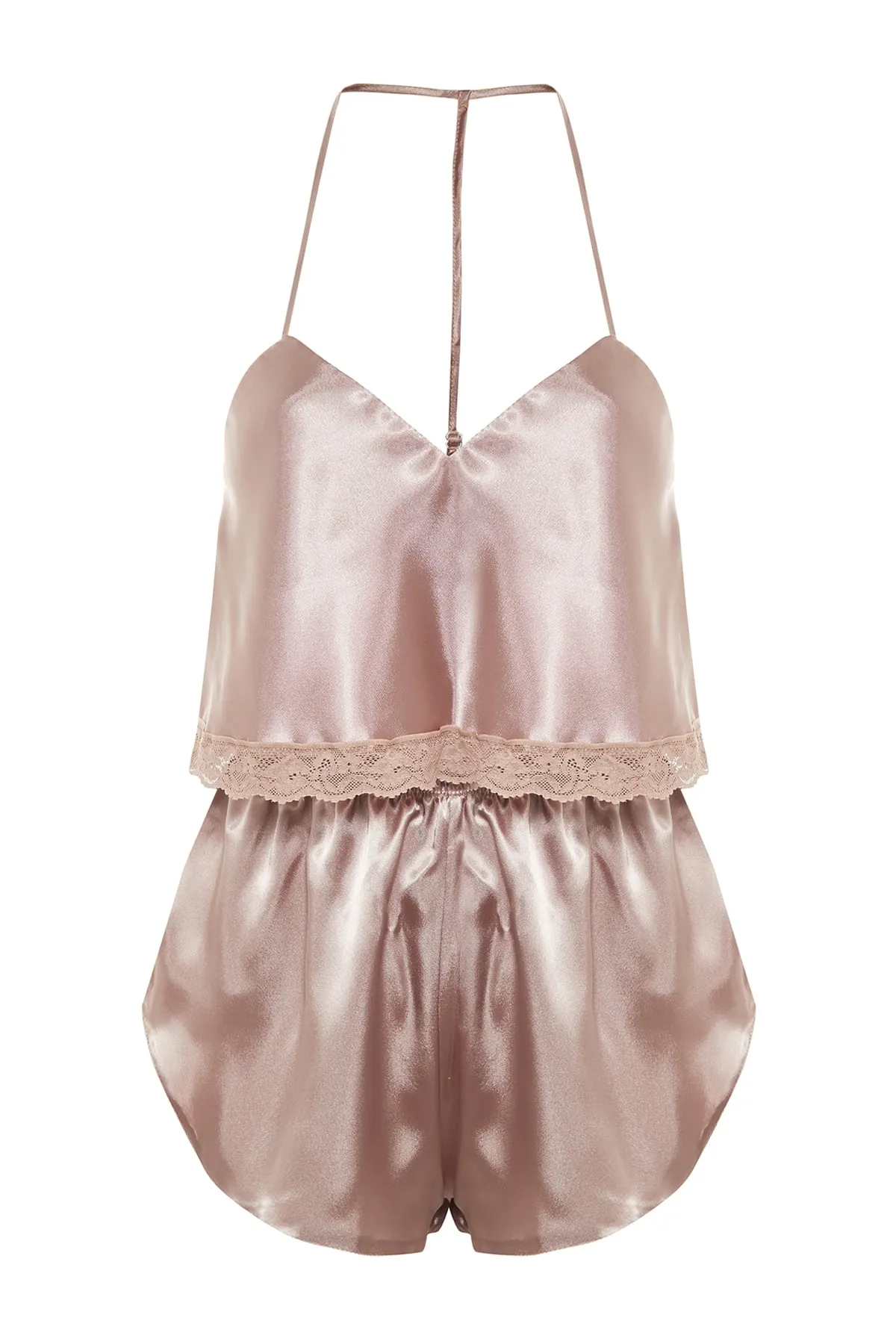 Trendyol Collection  Braunes Pyjama-Set aus Satin mit Spitzendetail und Seilriemen