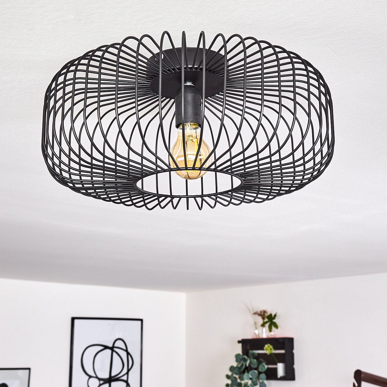 hofstein Deckenleuchte Pieris runde Deckenlampe aus Metall in Schwarz, ohne Leuchtmittel, E27, Retro-Leuchte mit Lichteffekt durch Gitter-Optik