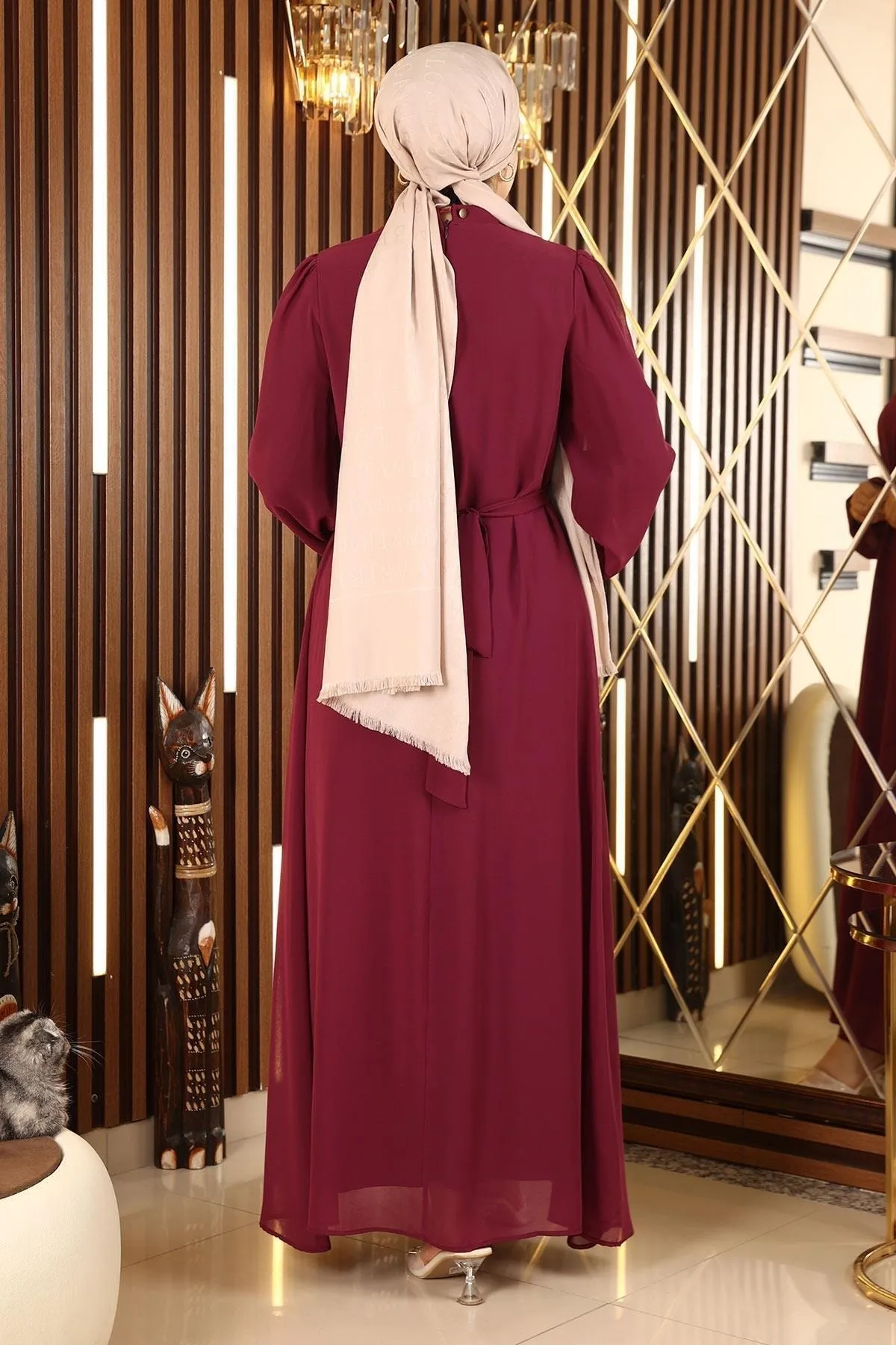 Modamihram  Chiffon-Abendkleid mit Gürteldetail Pflaume 13304