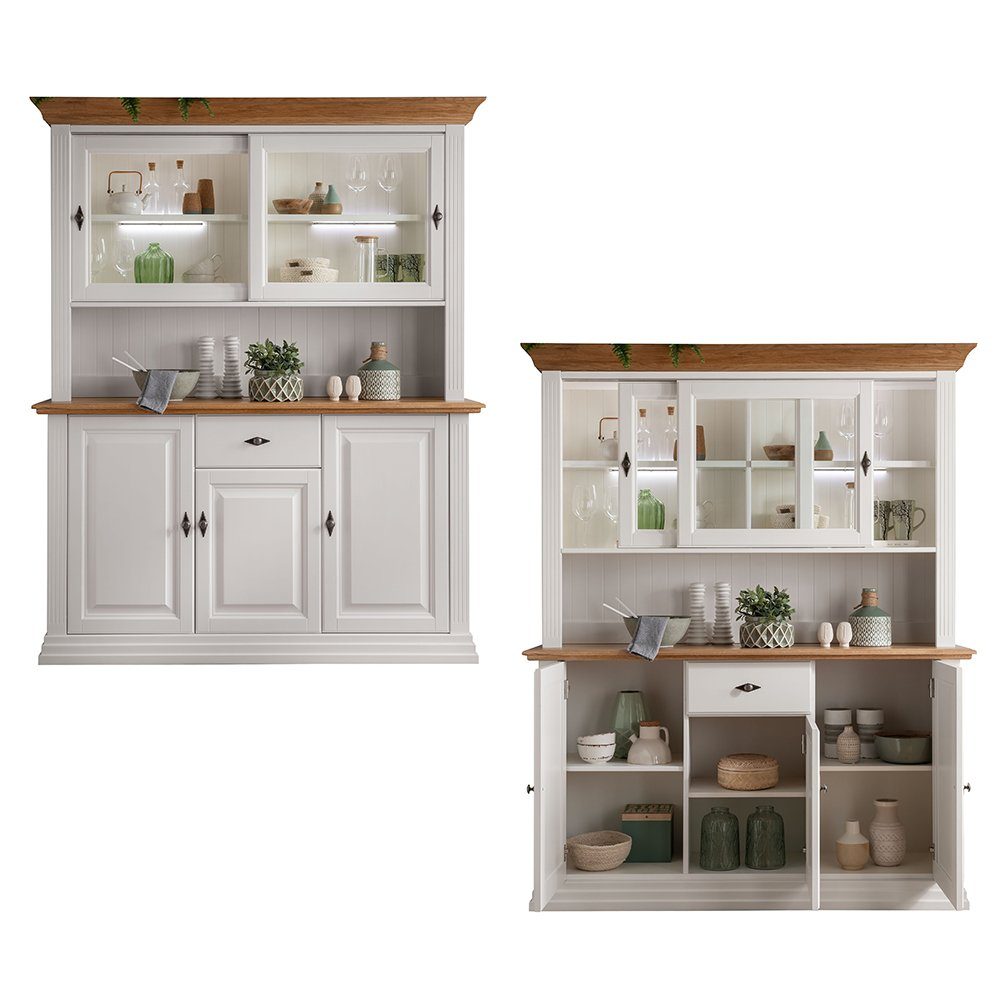 Lomadox Esszimmer-Set ESBJERG-69, (Spar-Set, 6-St), Kiefer weiß lackiert mit Eiche geölt, Landhausstil, inkl. Beleuchtung