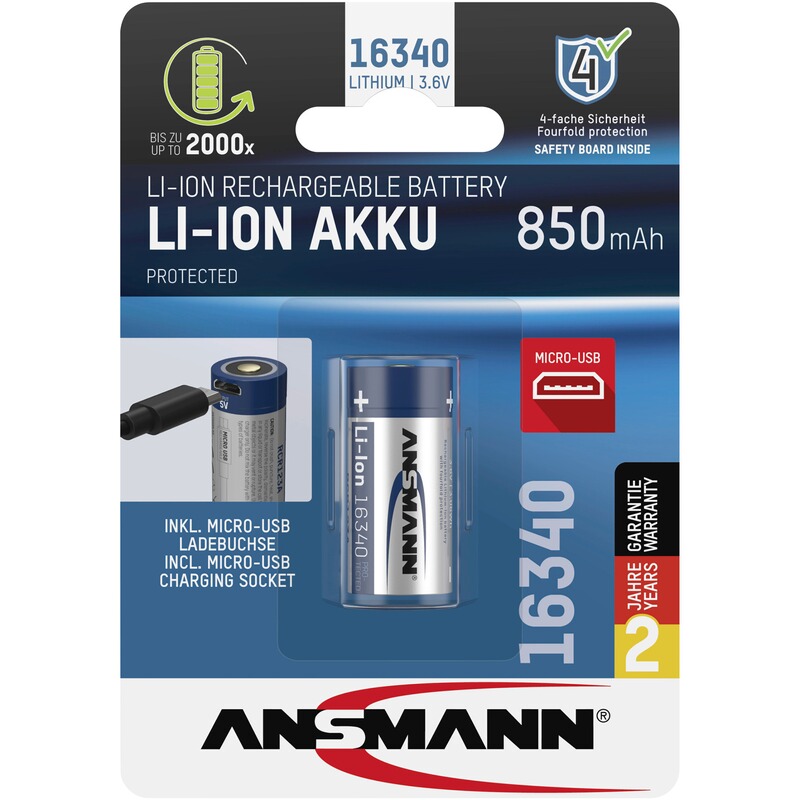 Ansmann Akku Li-Ion 16340 850 mAh micro USB
