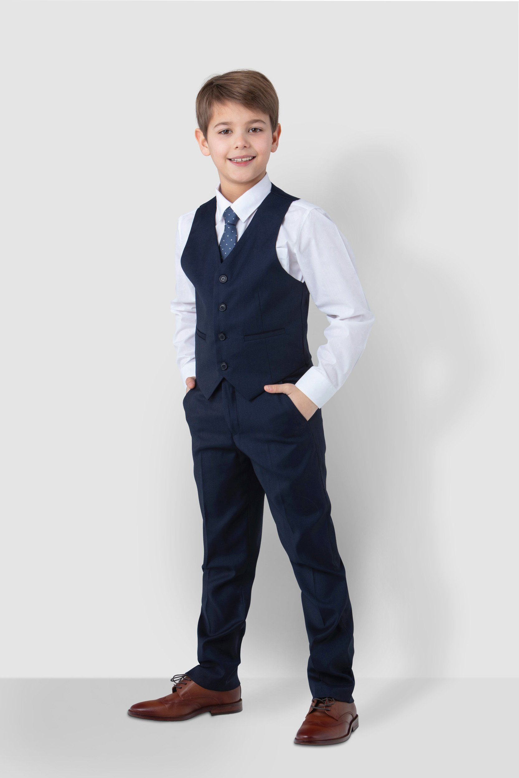 Melli-Trends Kinderanzug Luxuriöser Jungen Anzug Kommunionanzug 4-teilig blau (Hemd, Weste, Hose und Krawatte) festlich, elegant