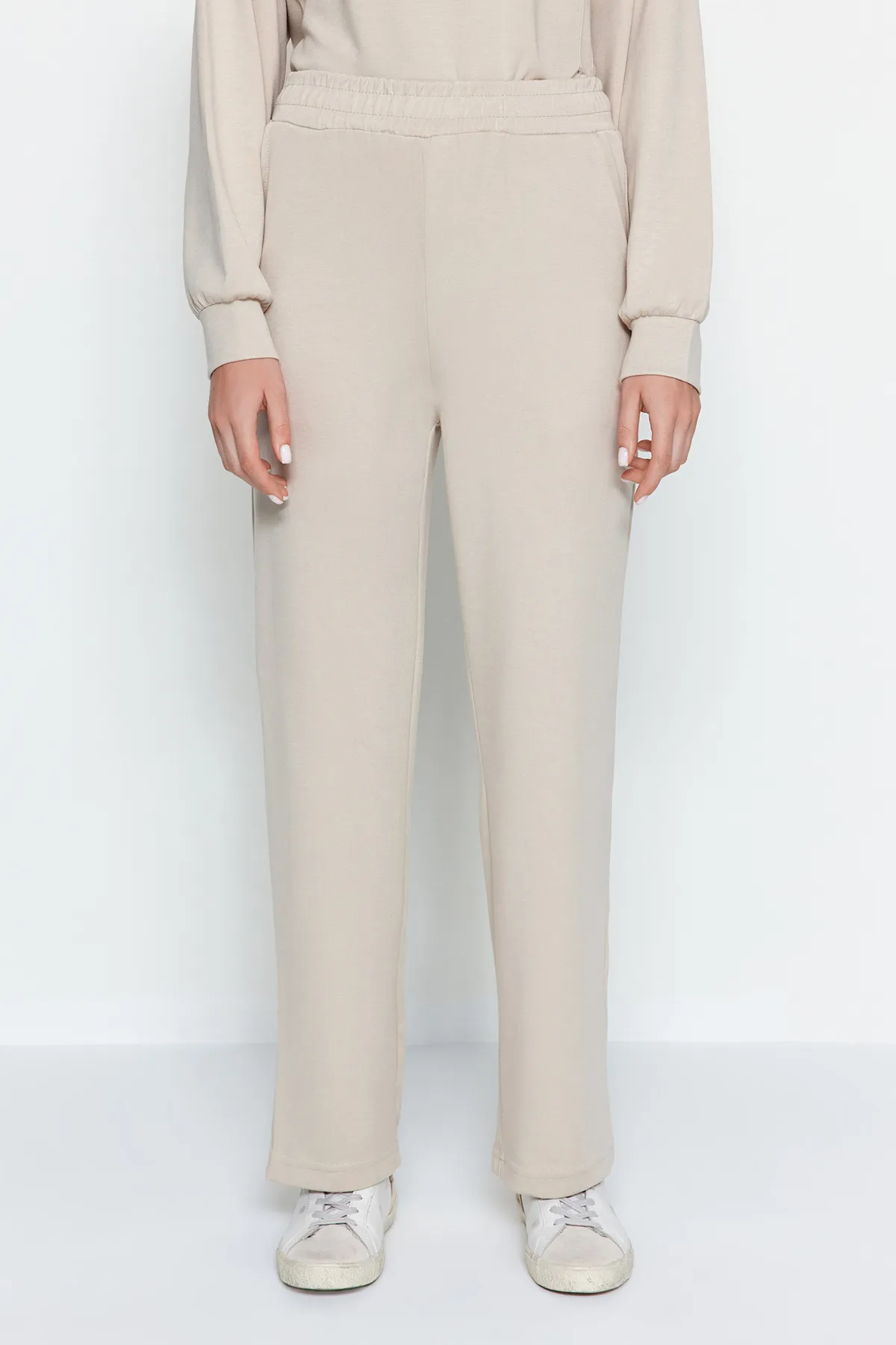 Trendyol Modest  Steinfarbenes Set aus Tunika und Hose aus Baumwolle, gestricktes Oberteil und Unterteil TCTAW24US00069