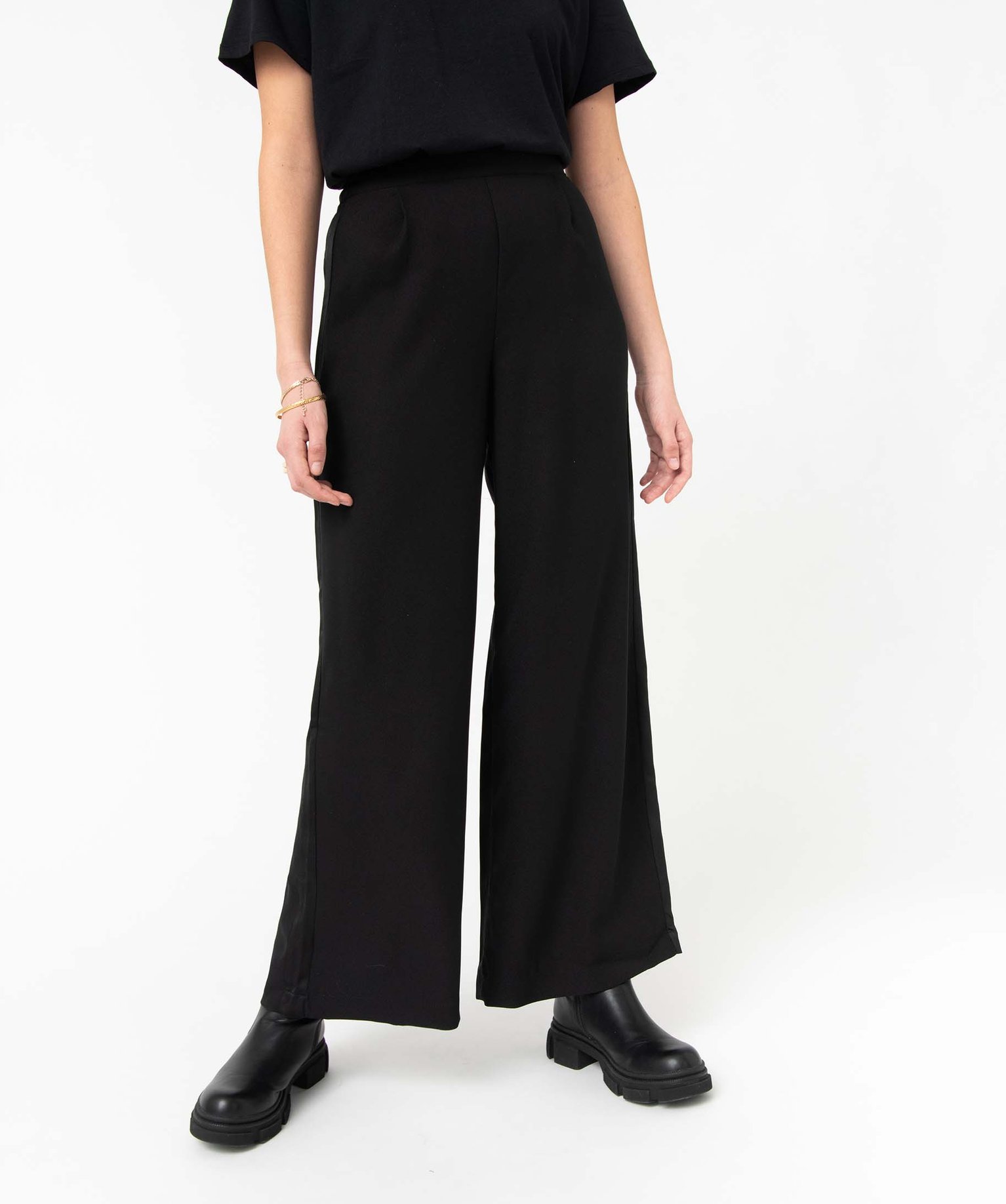Pantalon femme coupe large avec bandes satinées sur les c... noir | GEMO