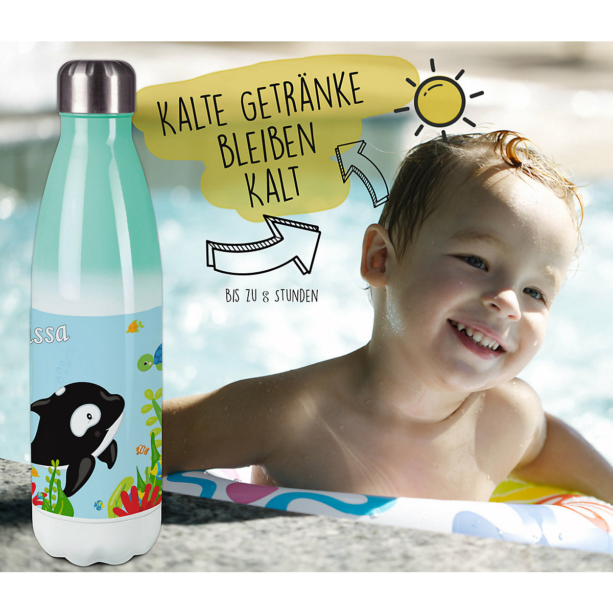 Edelstahl Kinder Thermoflasche / Trinkflasche bunt Unterwasserwelt Spülmaschinenfest, Auslaufsicher, Bruchfest, Doppelwandig, Für Heißgetränke geeignet, Mit Deckel, Isoliert