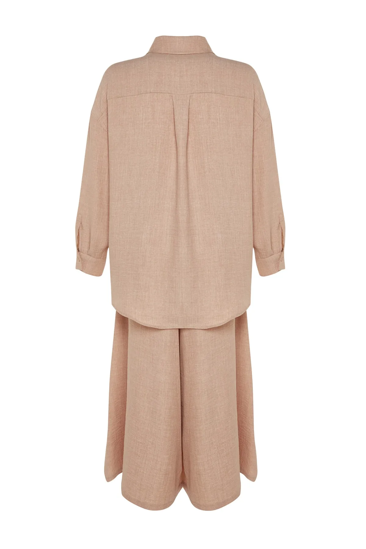 Trendyol Modest  X Kevser Sarıoglu Kamelfarbenes gewebtes Hemd-Hosen-Set mit weitem Bein TCLSS23US00001