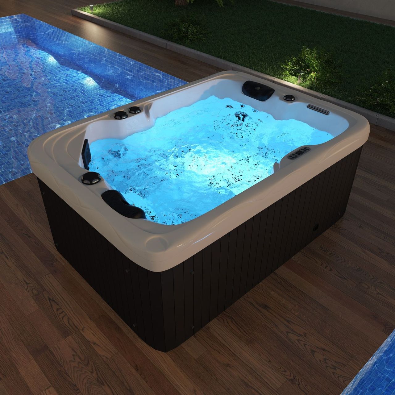TroniTechnik Outdoor Whirlpool LEVANZO inkl. Heizung, Hydromassage, Farblicht, 190x135cm 450 Liter