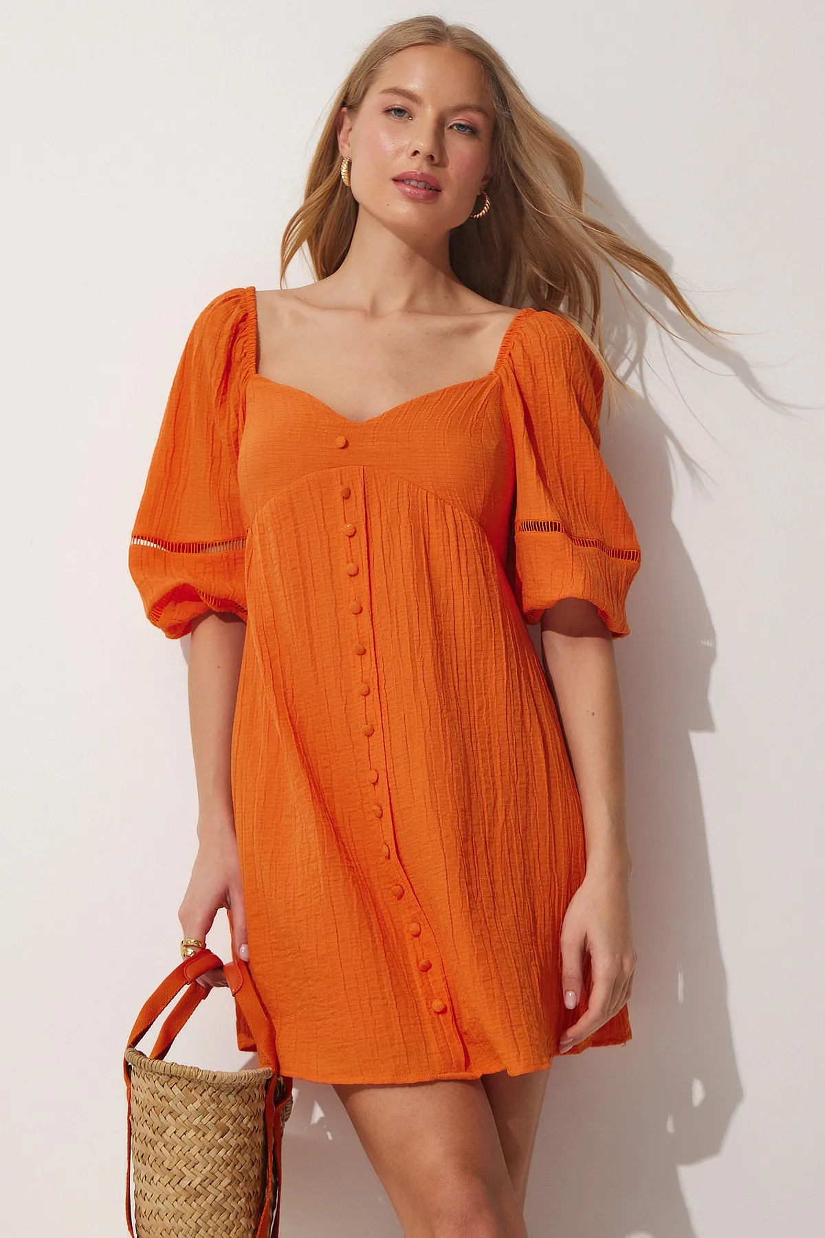 Happiness İstanbul  Damen-Sommerkleid mit herzförmigem Ausschnitt und Ballonärmeln in Orange DM00113