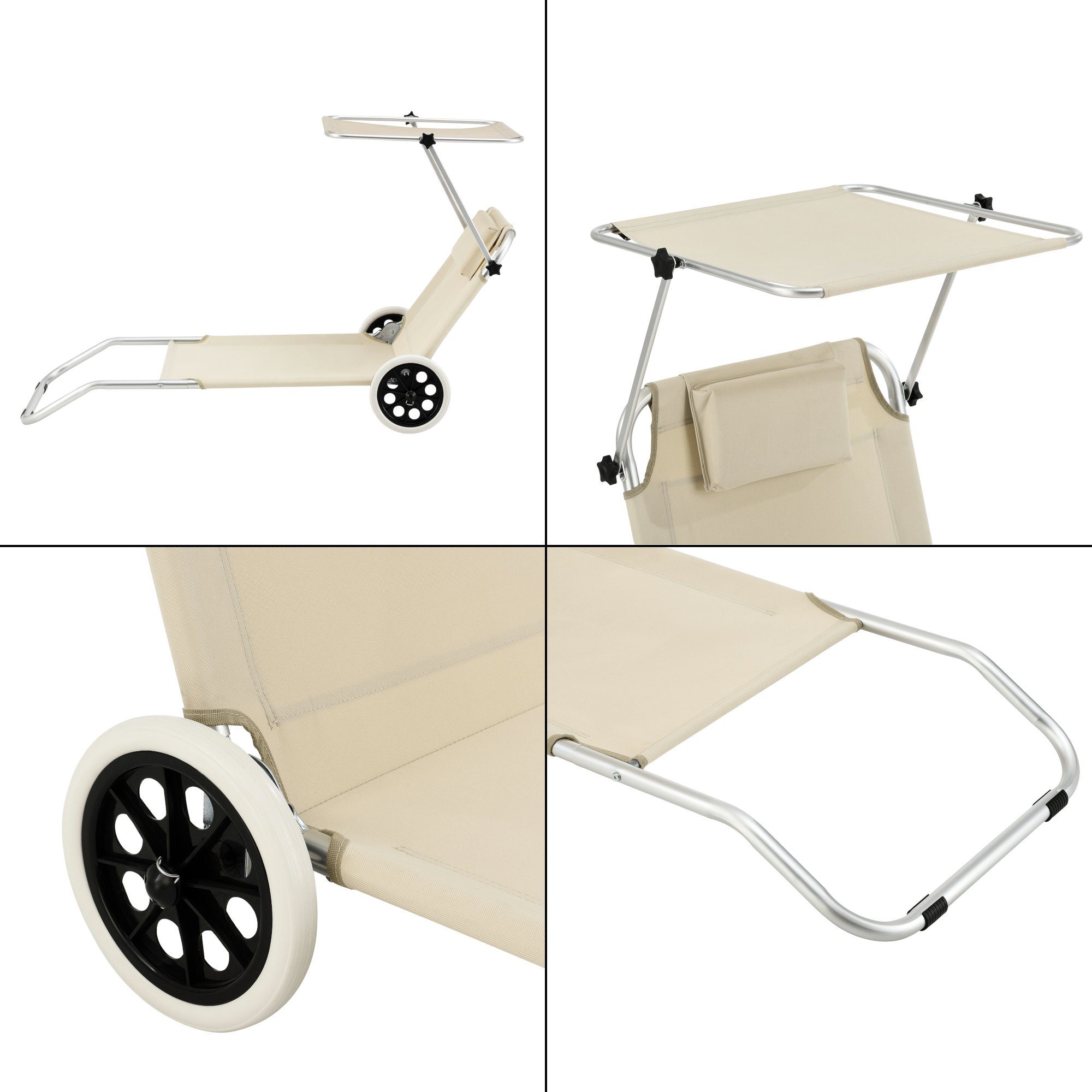 en.casa Gartenliege, Lazkano Sonnenliege mit Rollen Aluminium 150x62cm Beige