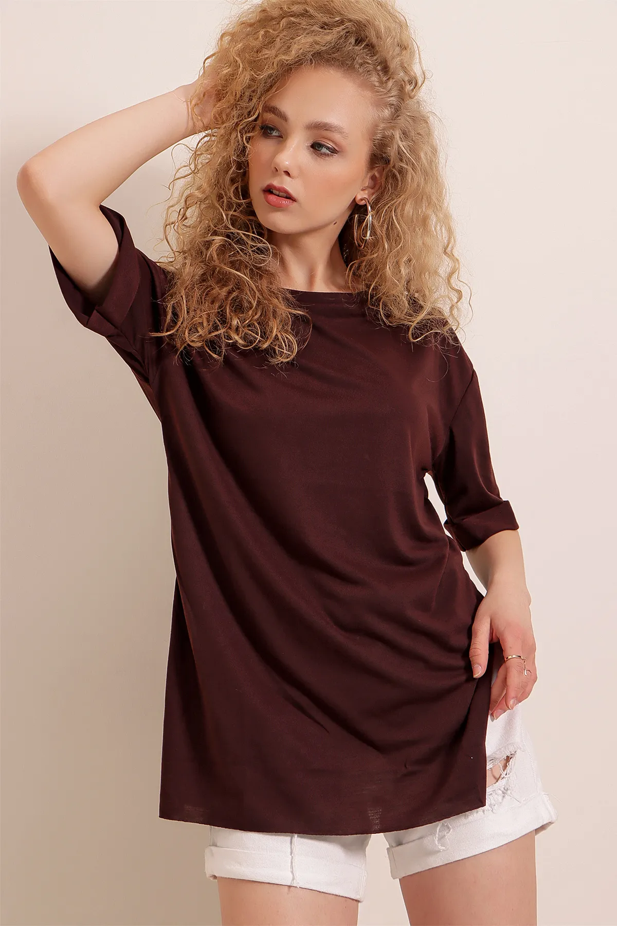 Bigdart  4123 Geschlitztes Oversize-T-Shirt – Braun