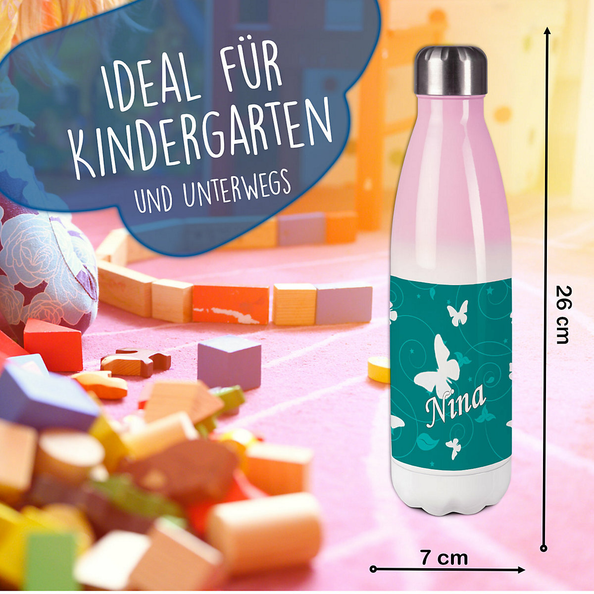 Edelstahl Kinder Thermoflasche / Trinkflasche bunt Schmetterling Ornamente Farbe petrol Spülmaschinenfest, Auslaufsicher, Bruchfest, Doppelwandig, Für Heißgetränke geeignet, Mit Deckel, Isoliert