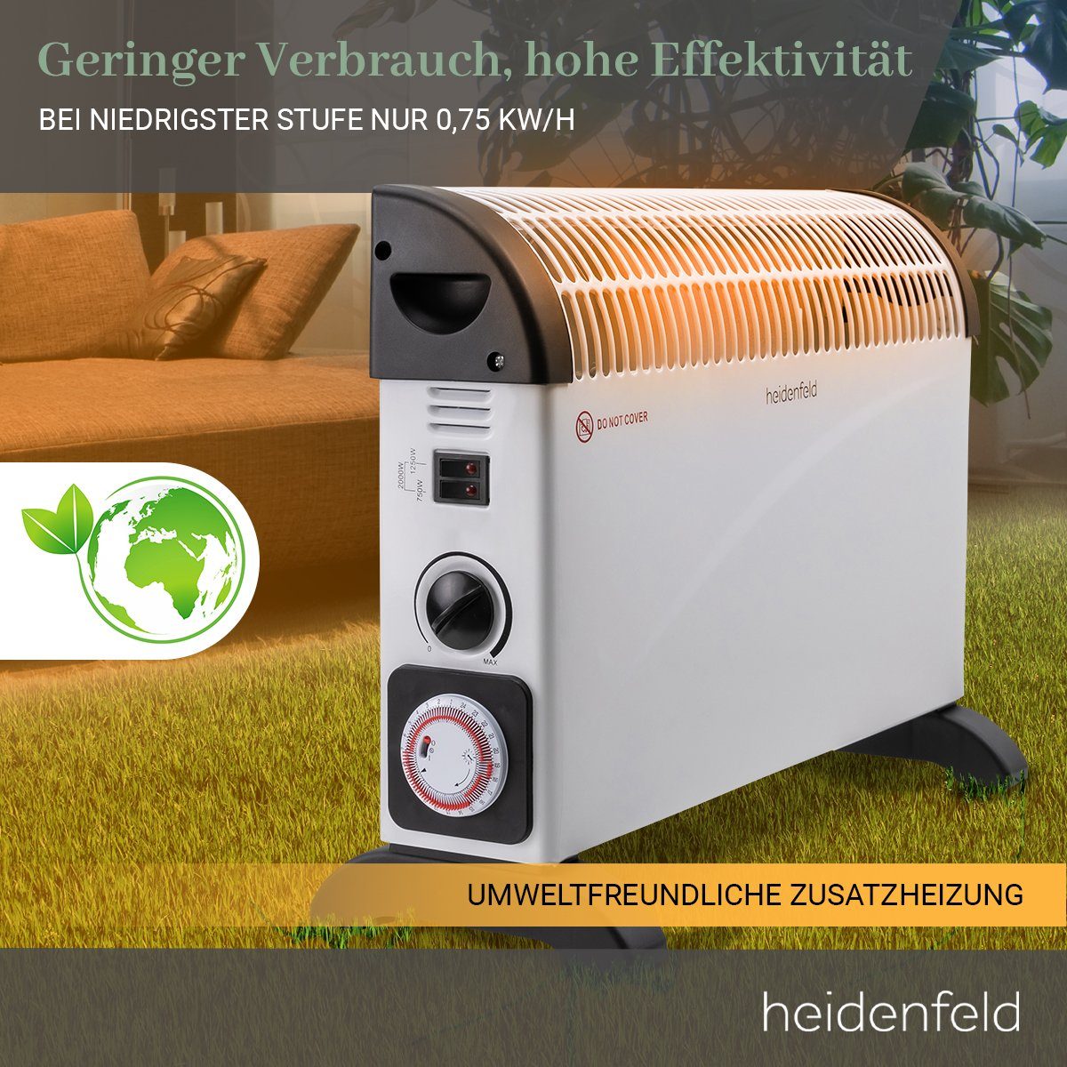 Heidenfeld Heizlüfter Konvektor Elektroheizung HL200 3 Jahre Garantie 3 Heizstufen, 2000 W, Mobil Energiesparend Heizung elektro Heizstrahler Konvektorheizung