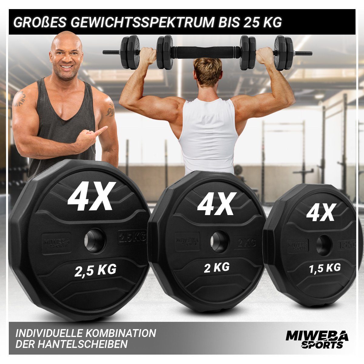 Miweba Sports Hantel-Set verstellbares 6in1 Hantel Set - 25 kg, (Liegestützgriffe - Kurzhanteln - Langhantel - Kettlebell - Multifunktionshantel - Krafttraining - Muskelaufbau - Workout - Training - Kurzhantelset - Hantel komplett Set, 6 Hantel Konst