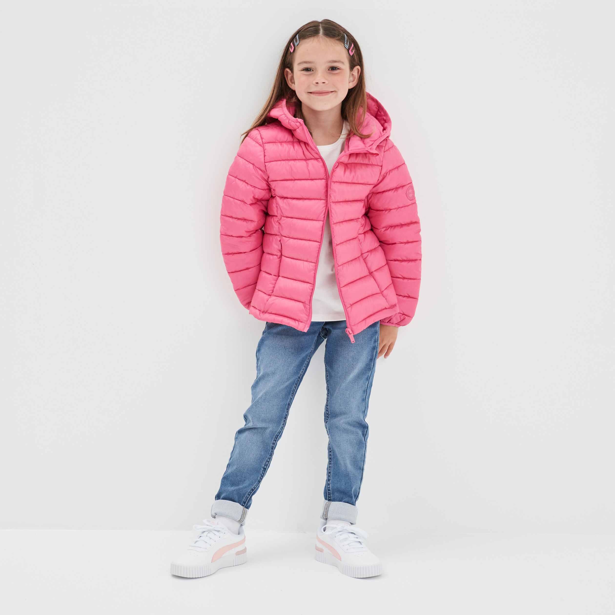 Doudoune légère zippée à capuche rose vif fille | La Halle
