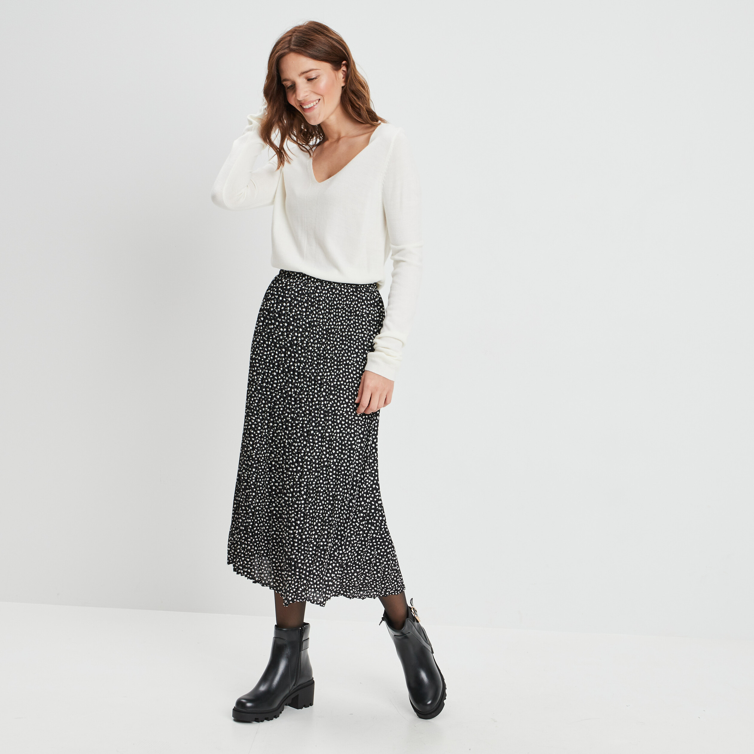 Pull col V manches longues ivoire femme | La Halle