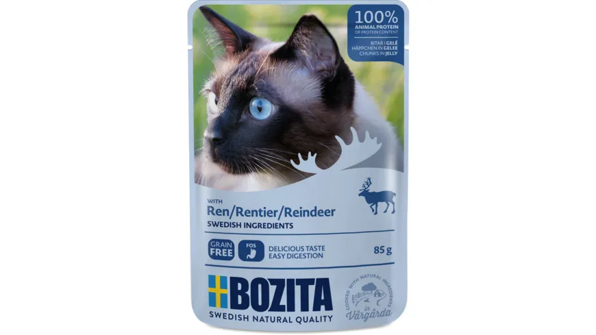 BOZITA Katzennassfutter Pouch Häppchen in Gelee mit Rentier 85 g