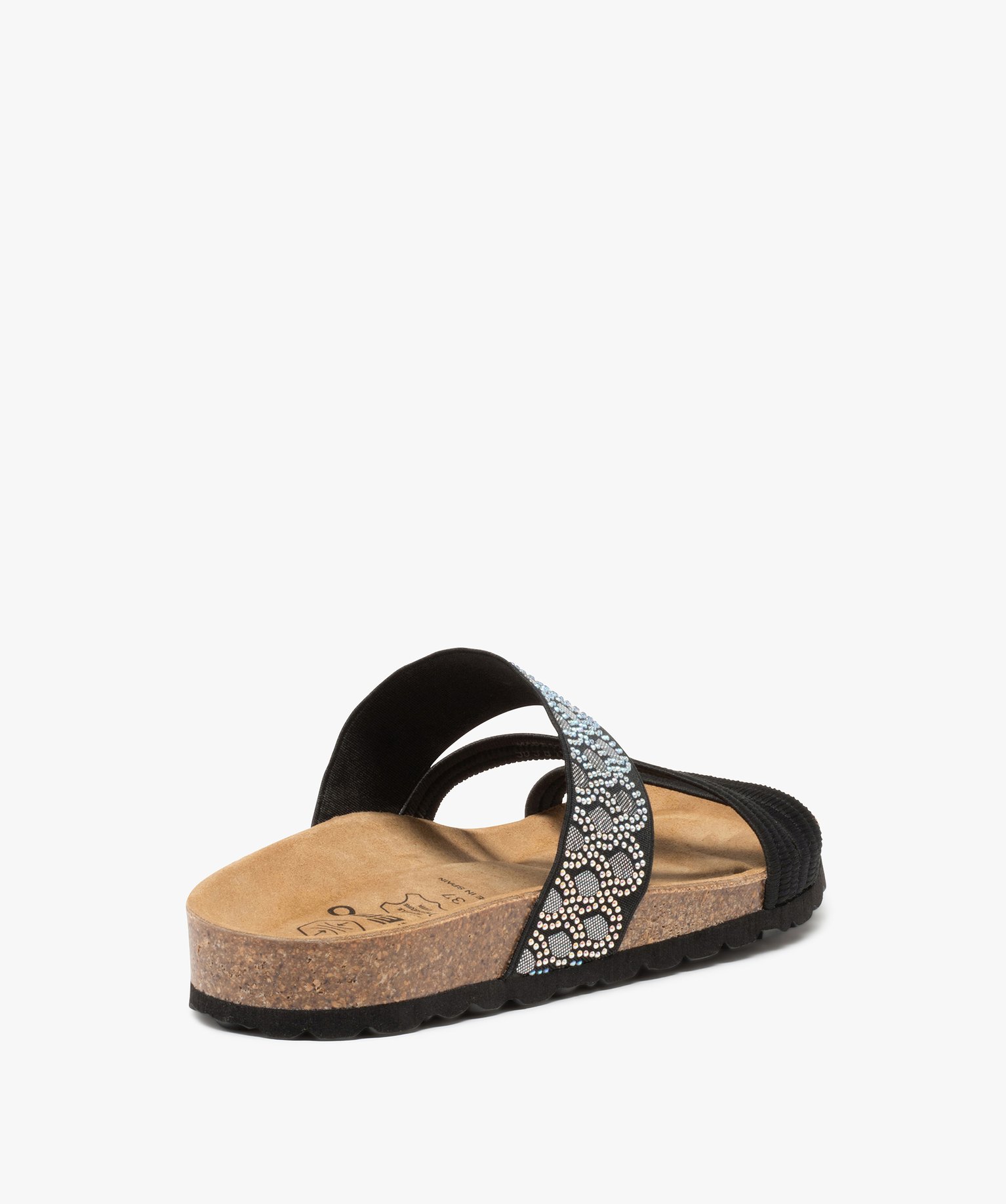 Mules femme à talon plat avec brides élastiques fantaisie noir | GEMO