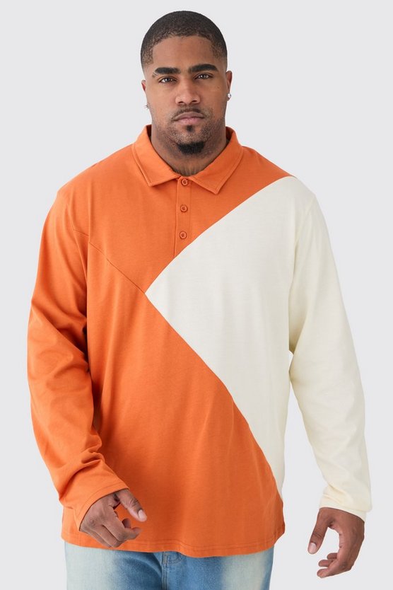 Plus langärmliges Colorblock Poloshirt