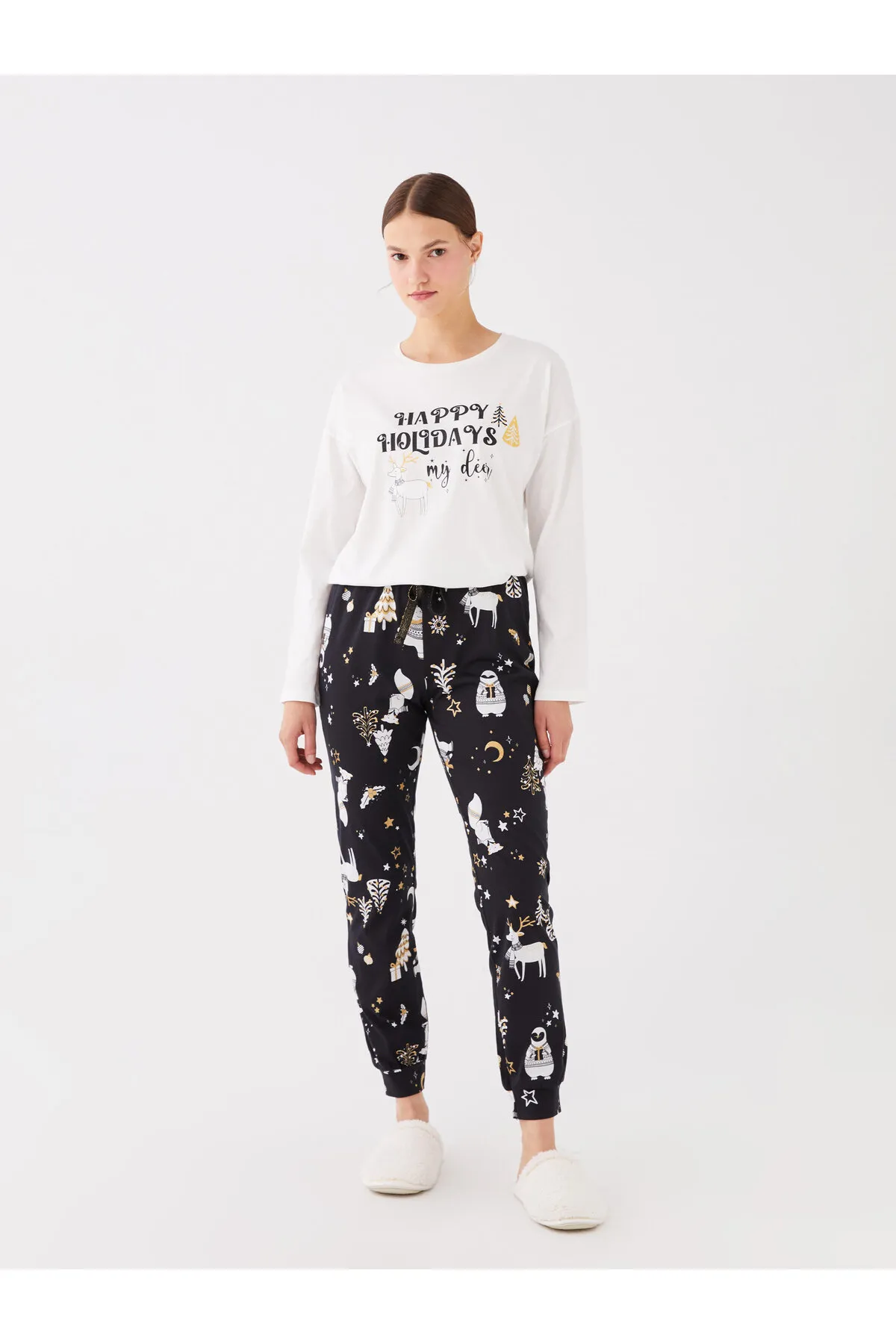 LC Waikiki  Langarm-Damenpyjama-Set mit Rundhalsausschnitt und Neujahrsmotiv