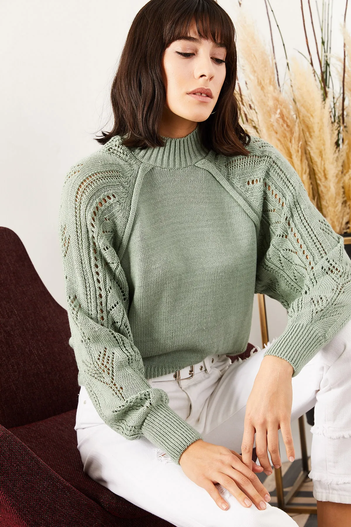 Olalook  Mintgrüner Strickpullover mit Fledermausärmeln für Damen KZK-19000248