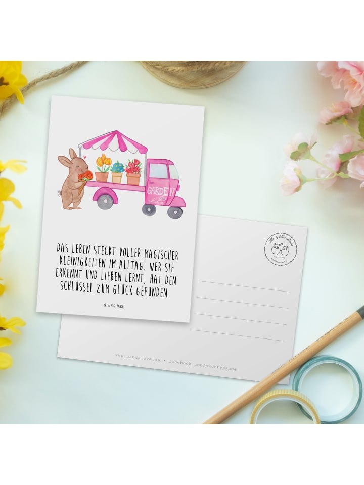 Mr. & Mrs. Panda Postkarte Osterhase Blumenwagen mit Spruch in Weiß günstig kaufen onesize