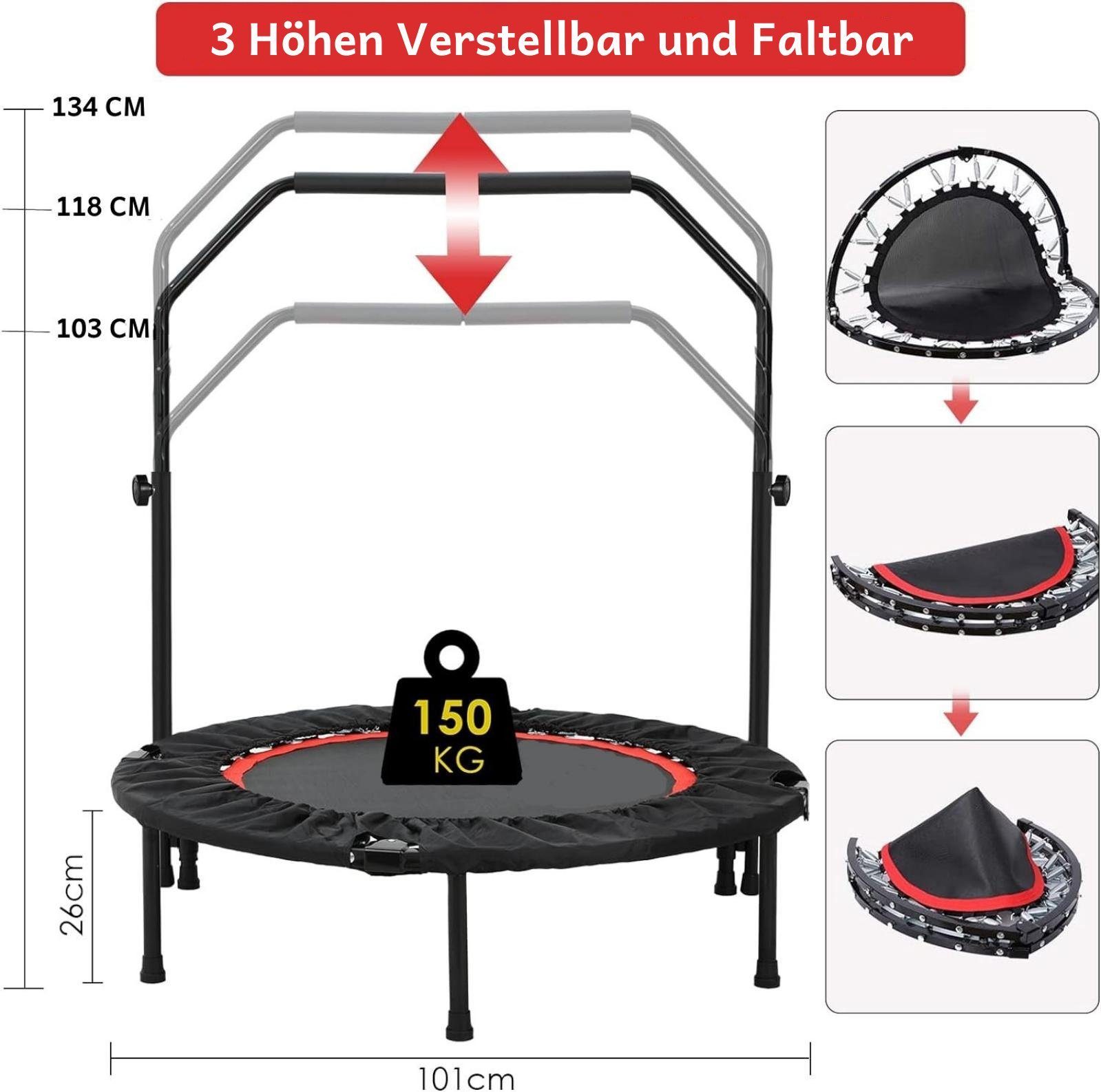 TLGREEN Fitnesstrampolin Armlehne höhenverstellbar,Tragfähigkeit 150 kg, Ø 101 cm, Trampolin für Erwachsene und Kinder, Mit Schutzhülle