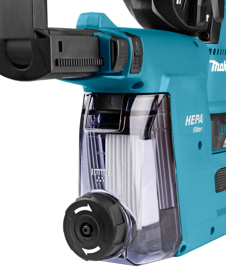 Ciocan percutor Makita DHR242RTJW, 18 volți, 5,0 AH, Li-ion + sistem de extracție a prafului încorporat DX06 cu filtru HEPA