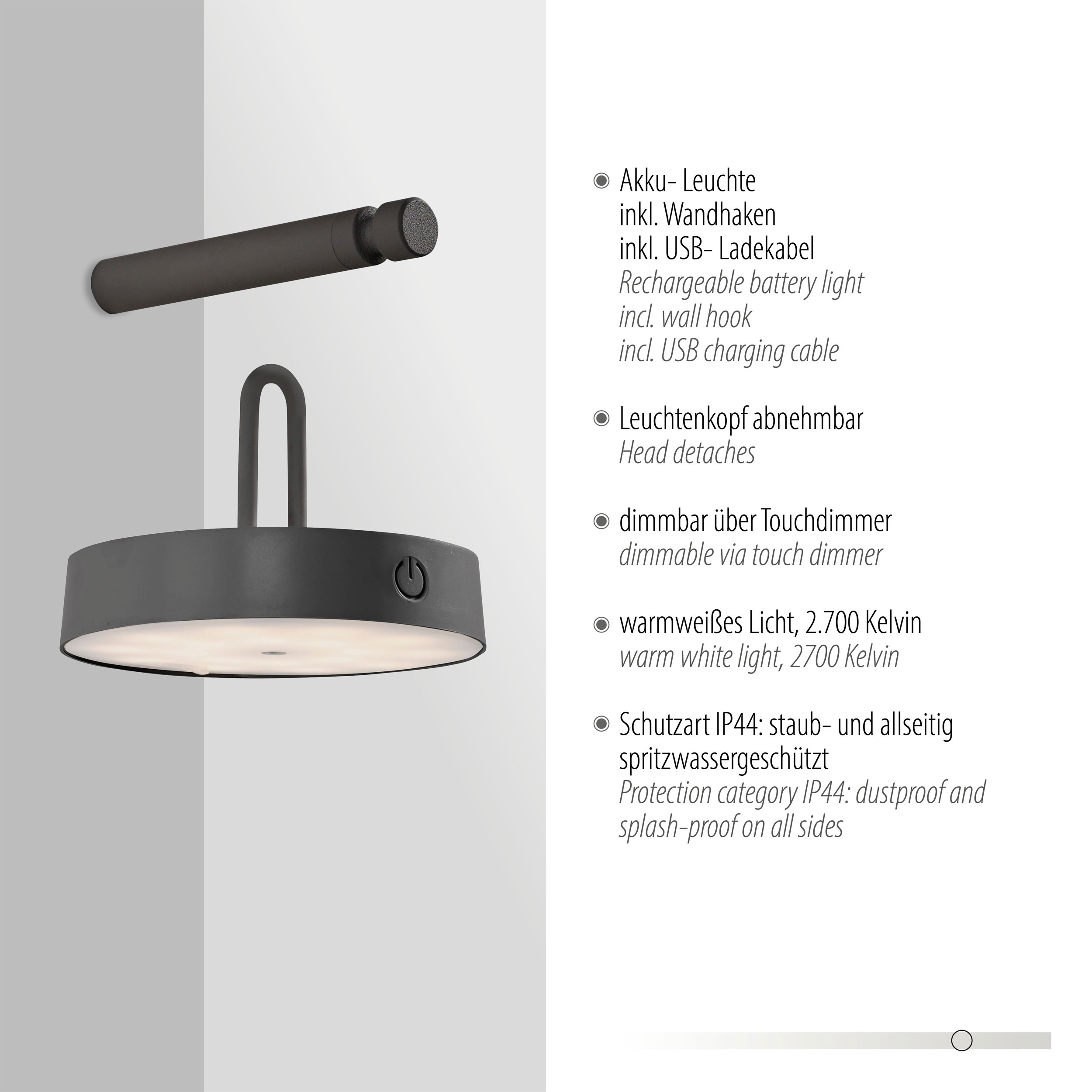 JUST LIGHT.LED-Akku-Wandleuchte 1flg