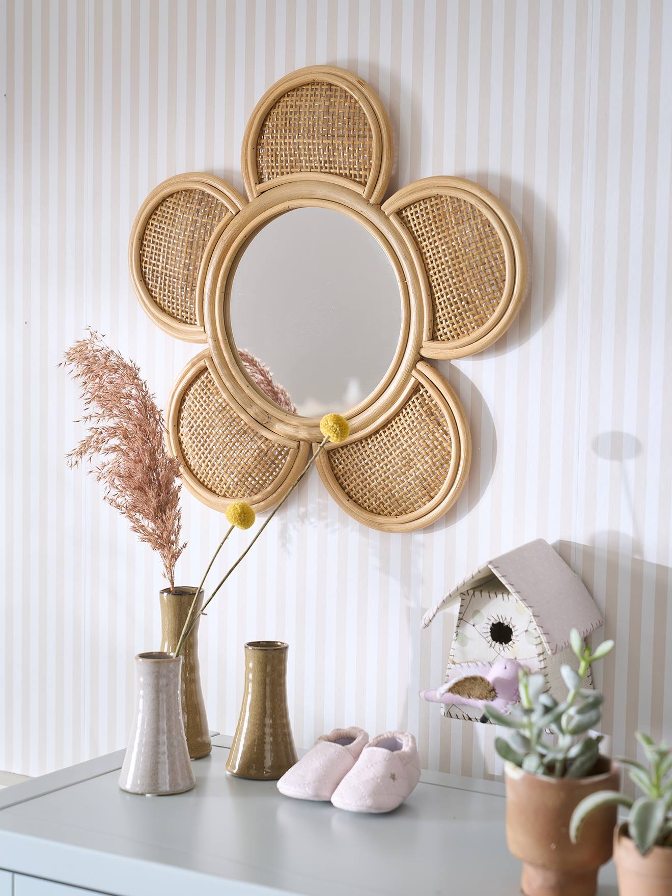 Miroir rotin et cannage Fleur beige doré