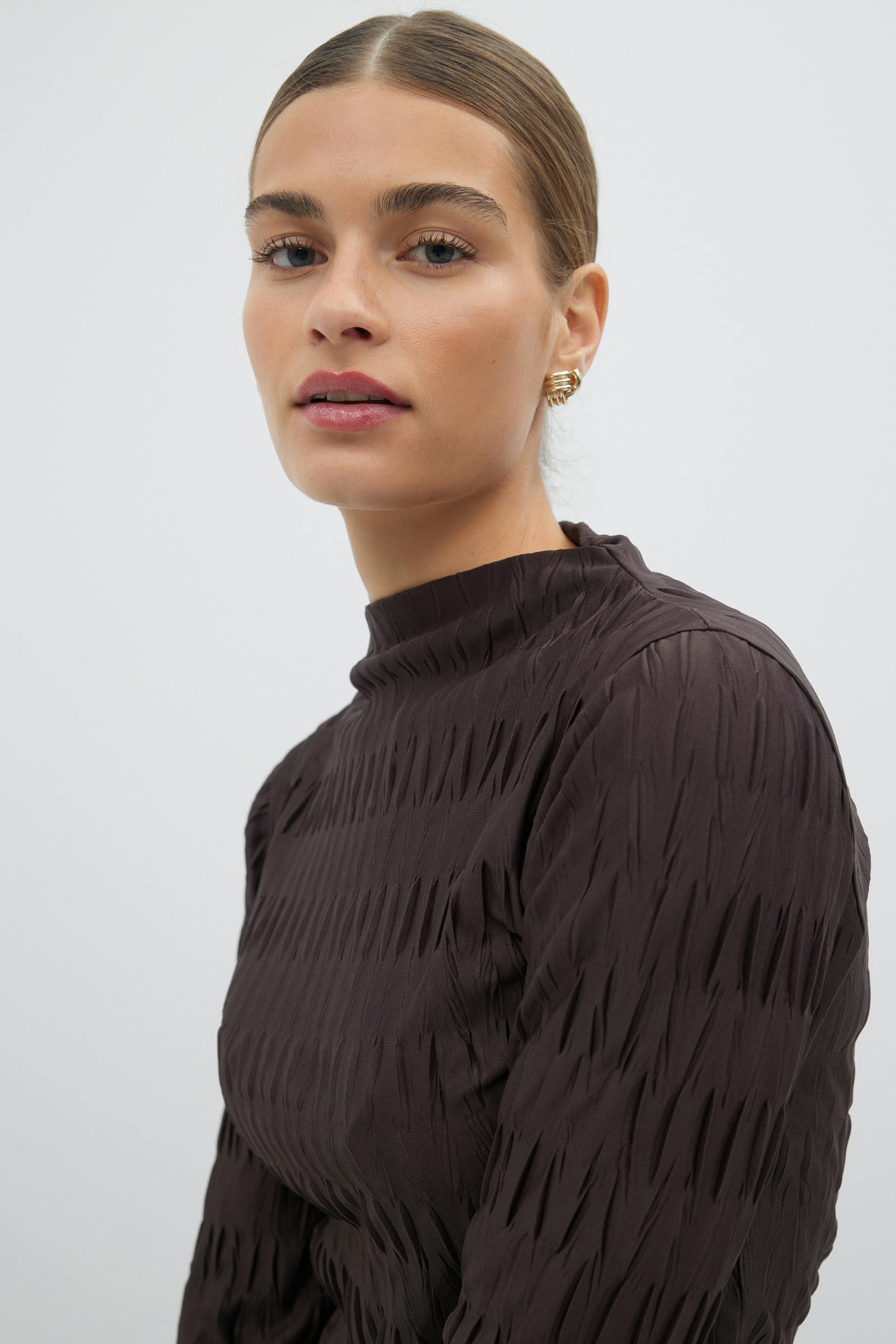 Pleated funnel neck top