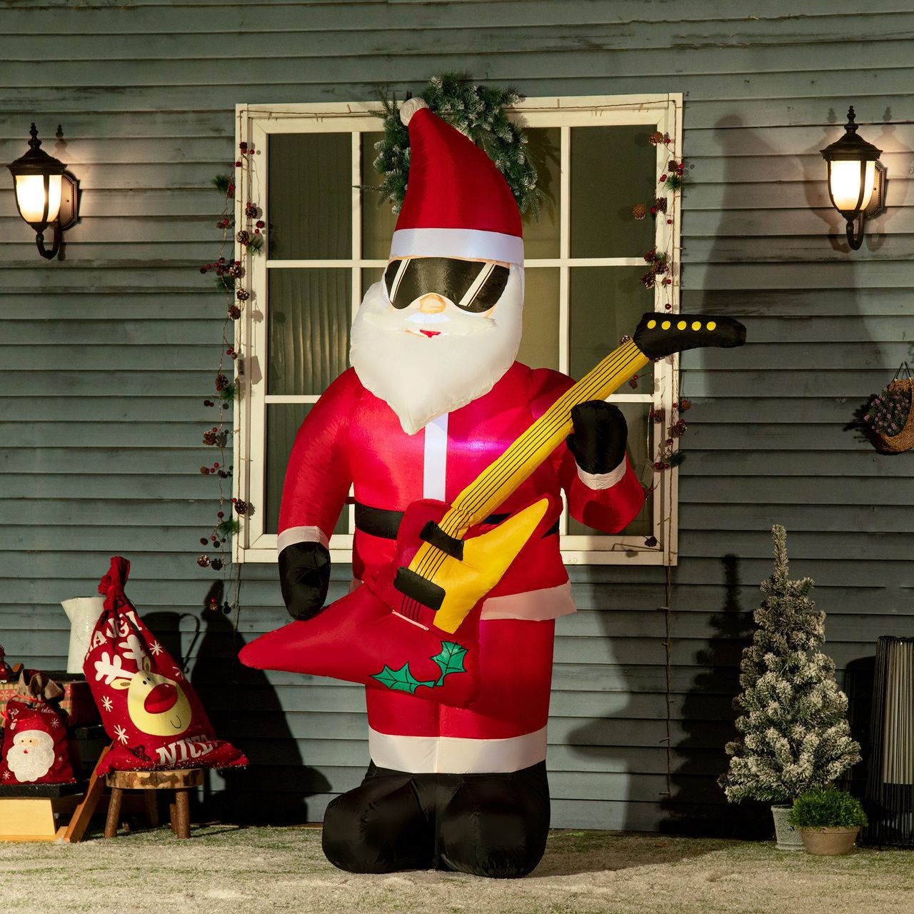 Outsunny 215 cm Aufblasbarer Weihnachtsmann mit E-Gitarre mit LED Wasserdicht