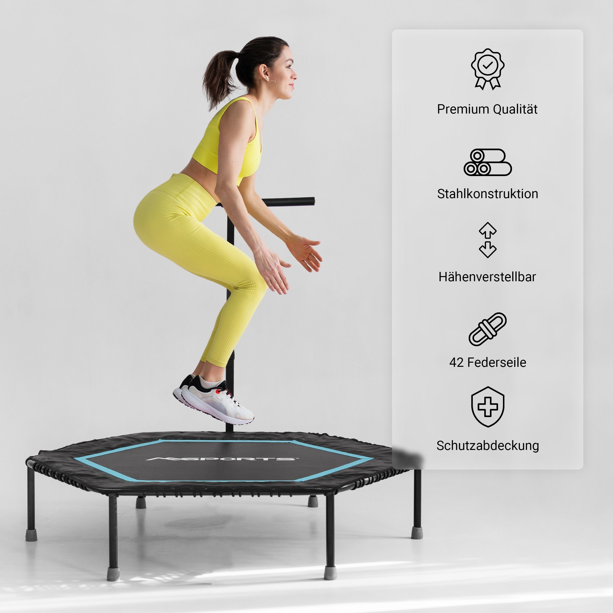 MSports® Fitnesstrampolin Fitness Trampolin mit Klappfunktion und Haltestange für Indoor und Outdoor, mit Höhenverstellung 150 kg Belastbarkeit