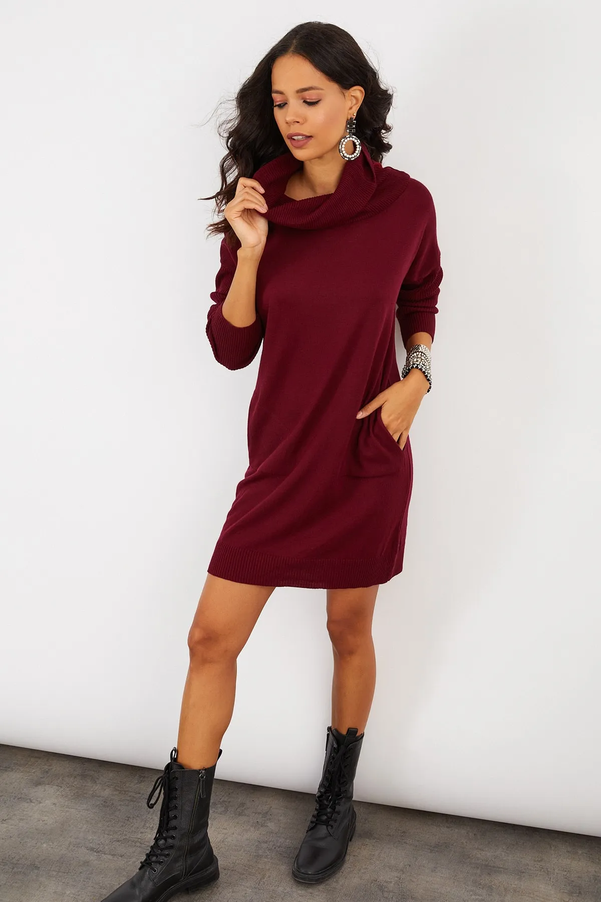 Cool & Sexy  Damen-Minikleid aus Strick mit Kragen in Burgunderrot YV73