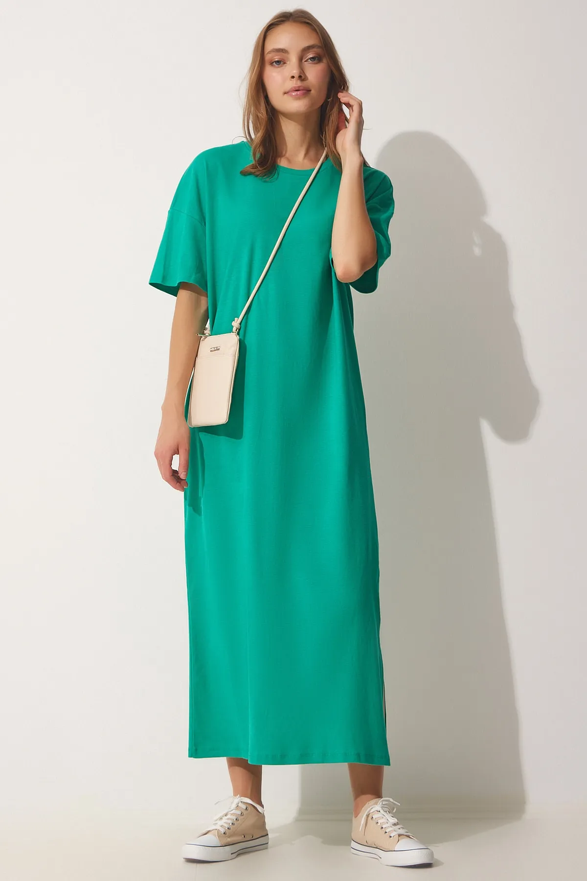 Happiness İstanbul  Damen-Sommerkleid aus dunkelgrüner Baumwolle aus gekämmter Baumwolle UB00080
